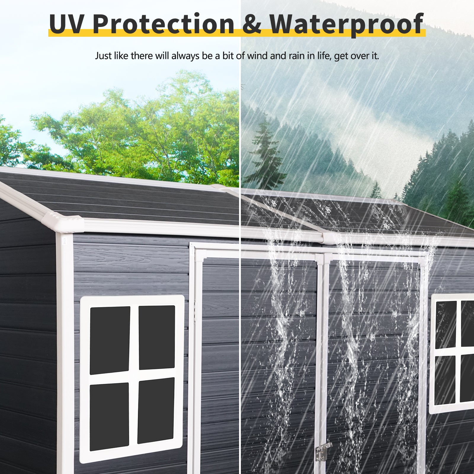 4X8Ft Resin Outdoor Storage Shed With Two Window And Double Door,Plastic Shed With Floor For Gargen,Patio,Yard,Lawn,Black Black Polypropylene