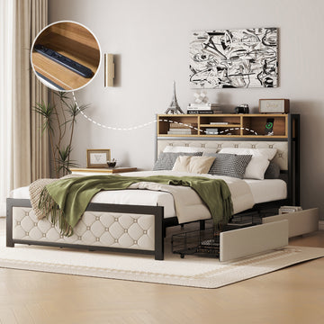 Metal Full Size Platform Bed With 4 Drawers, Upholstered Headboard And Footboard, Sockets And Usb Ports, Beige Full Beige Black Fabric Metal
