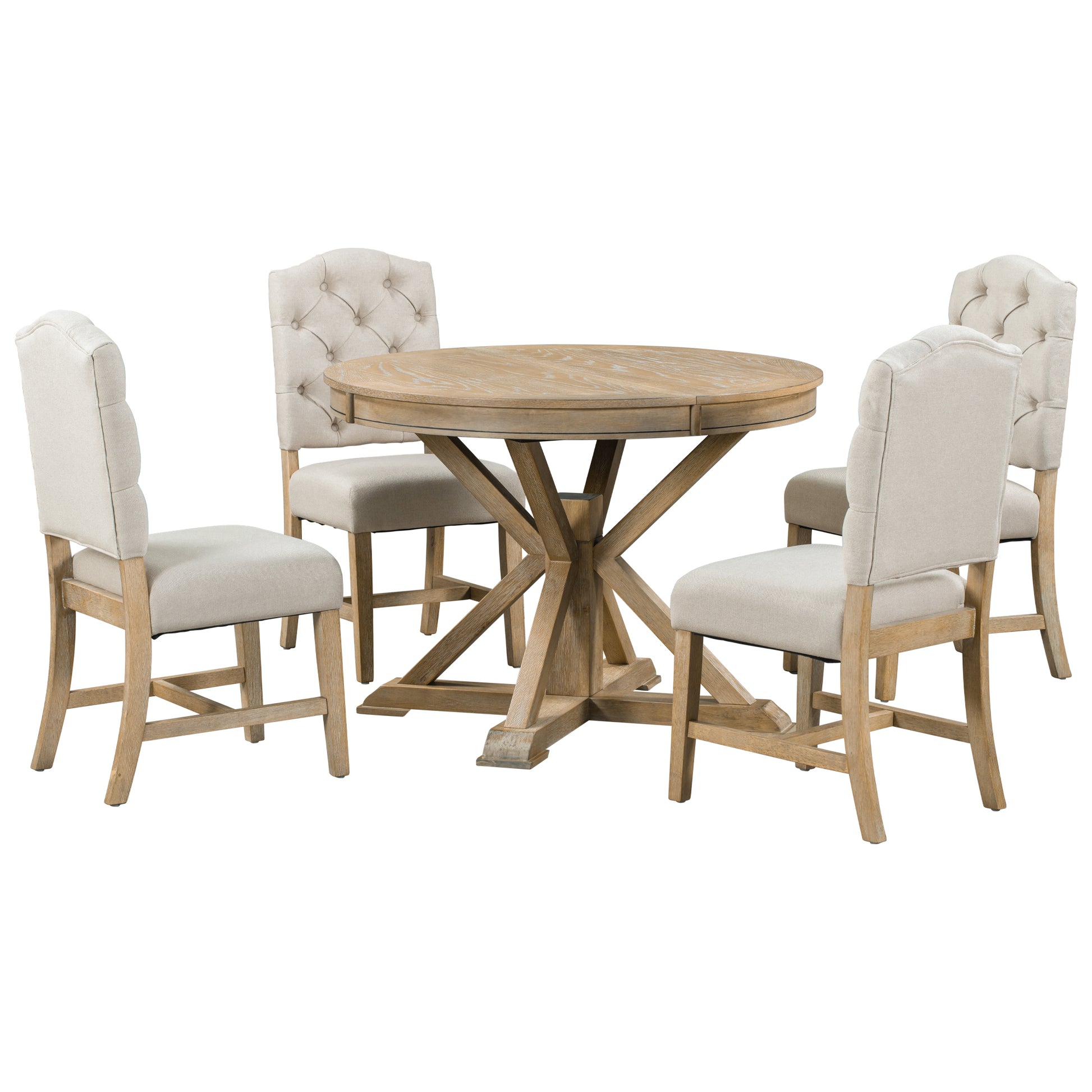 Functional Furniture Retro Style Dining Table Set With Extendable Table And 4 Upholstered Chairs For Dining Room And Living Room Natural Wood Wash Natural Wood Wash Solid Wood
