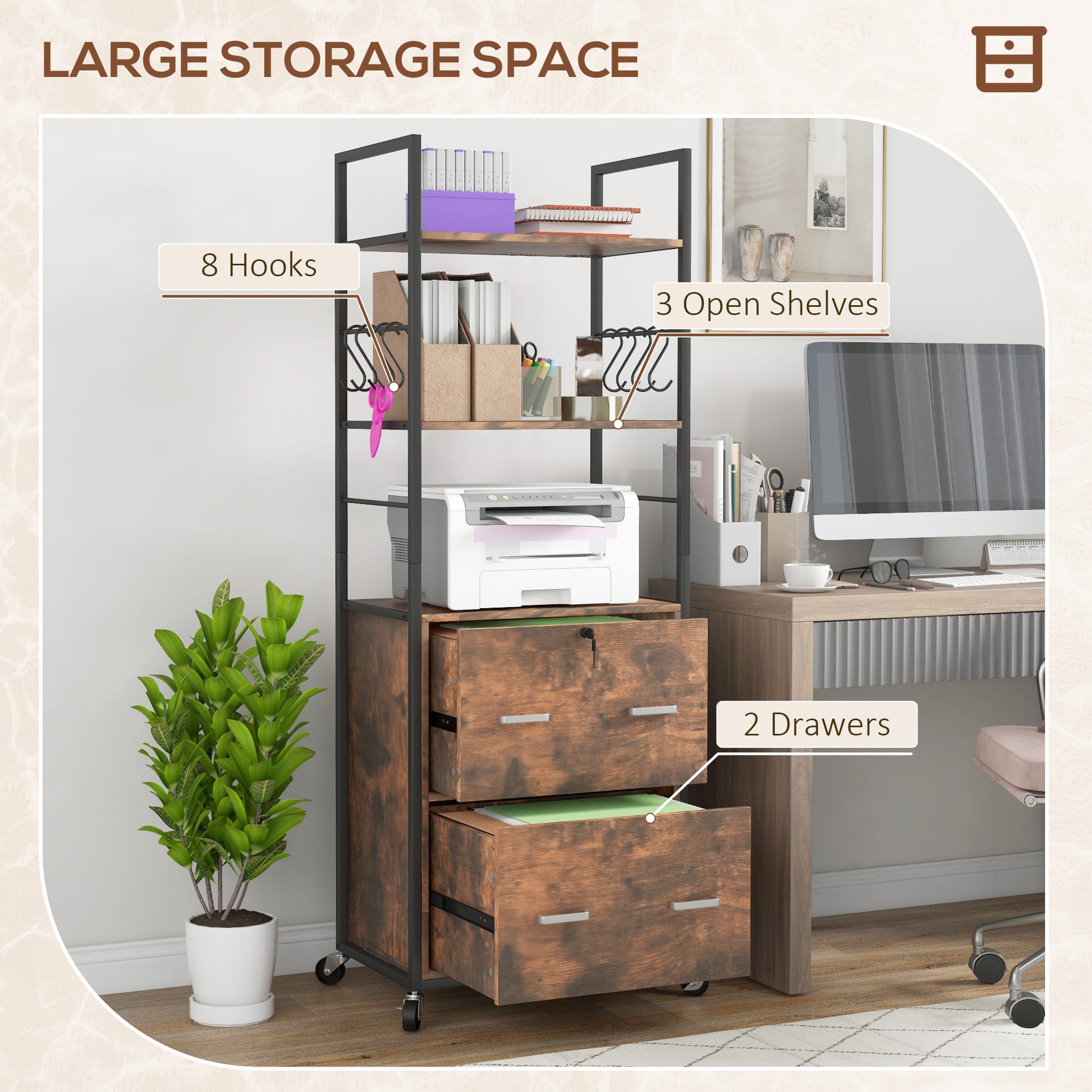 Vinsetto 2 Drawer Mobile File Cabinet With Lock & Hanging Bar, Rustic Brown Rustic Brown Particle Board