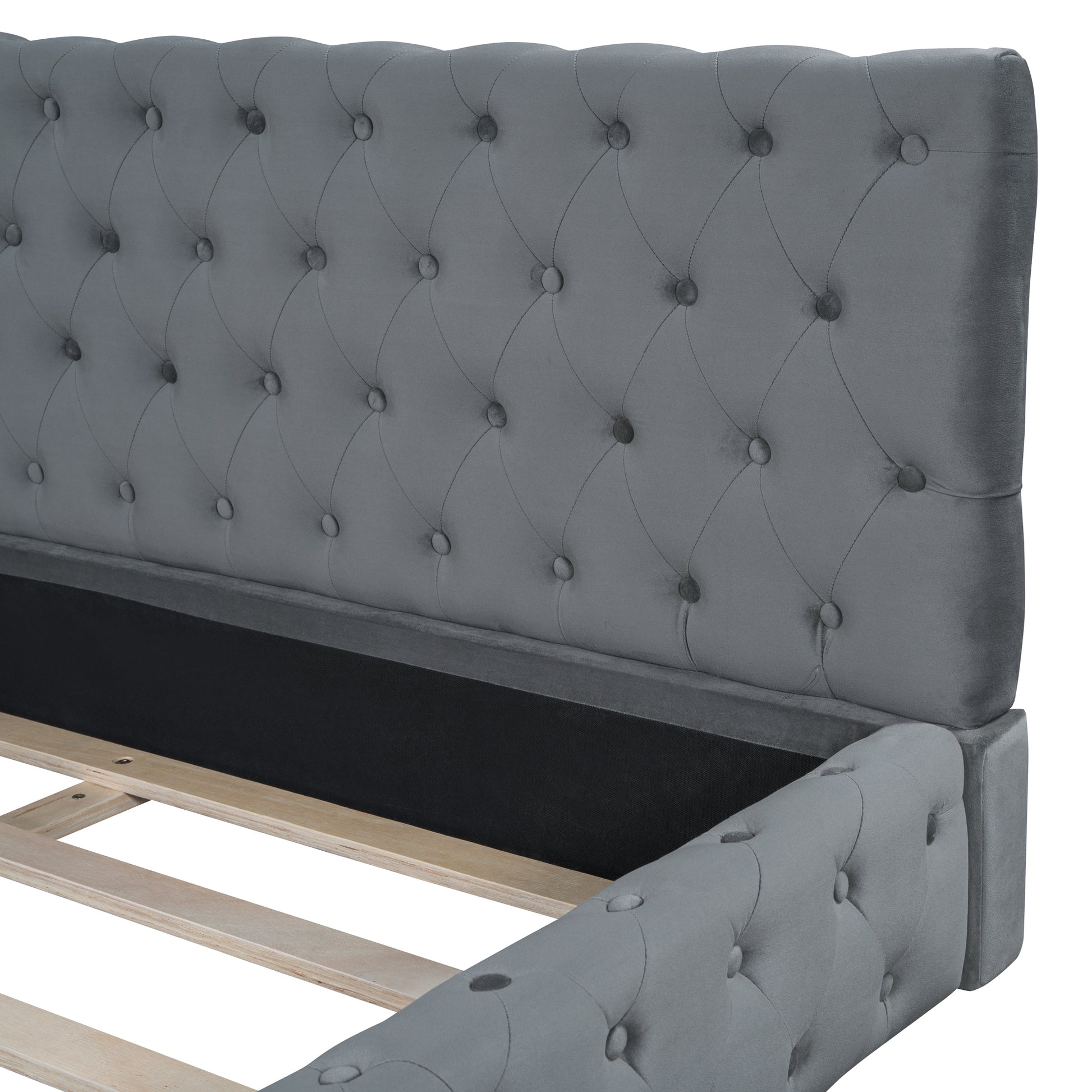 Queen Size Velvet Upholstered Platform Bed, With Luxurious Diamond Grid Headboard,Gray Queen Gray Plywood