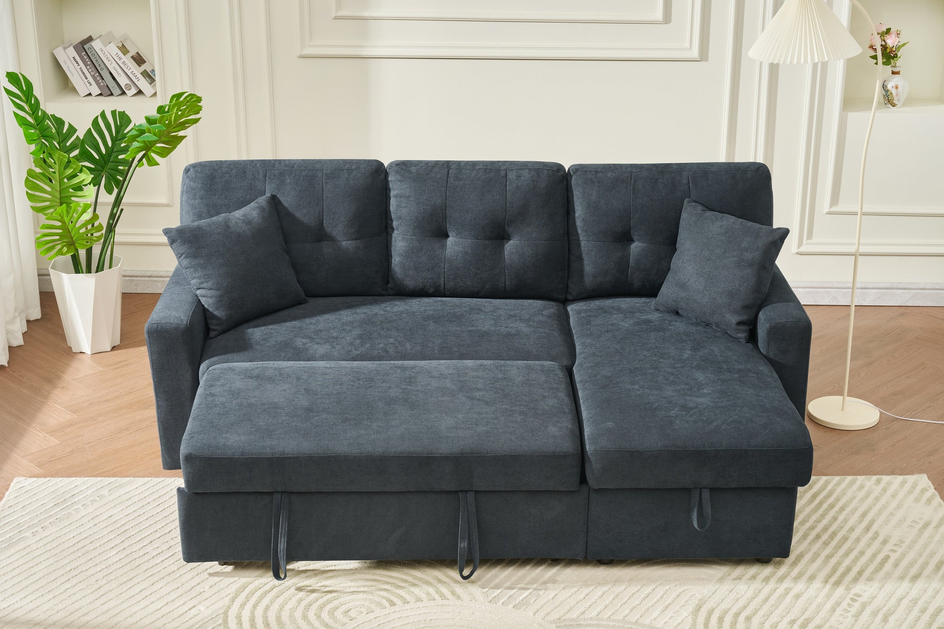 Sectional Sofa Bed L Shaped Sofa Couch Bed With Usb Port, Reversible Sofa Couch Sleeper With Pull Out Bed, Chaise With Storage, Pull Out Couch For Living Room Black Wood Fabric 3 Seat