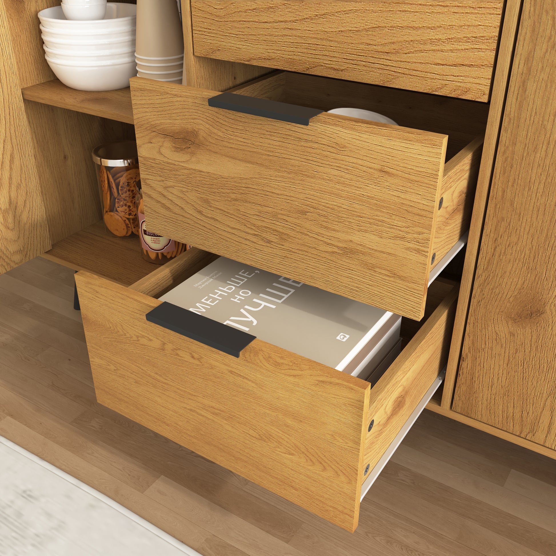 Sideboard Buffet Cabinet With Storage, Wood Coffee Bar Cabinet, 47.2" Kitchen Cabinet With 3 Drawers & 2 Doors, Kitchen Buffet Cabinet Cupboard Natural Wood Color 5 Or More Spaces Natural Particle Board