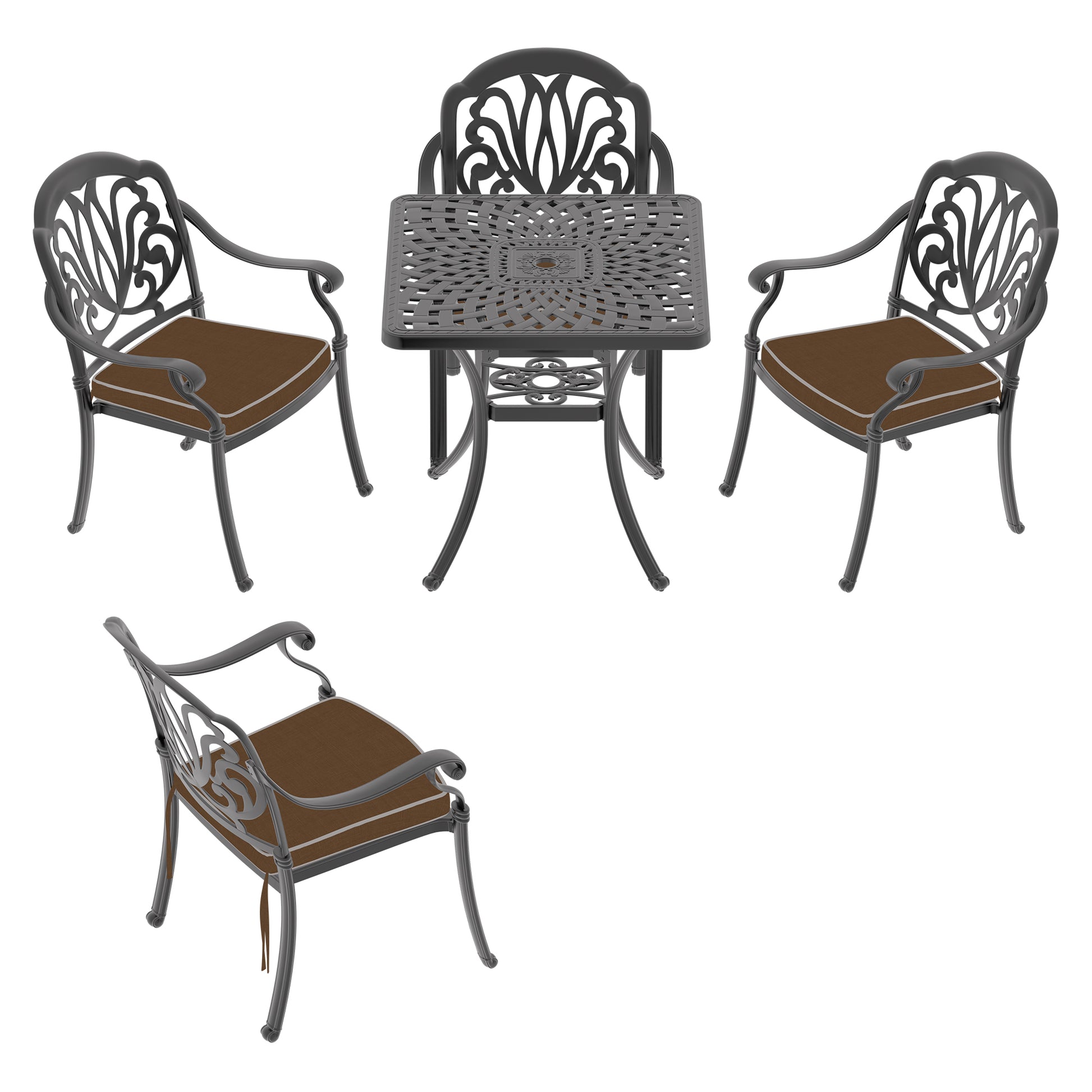 Cushions In Random Colors 5 Piece Set Of Cast Aluminum Patio Furniture With Cushions Yes Dining Set Black Seats 4 Rust Resistant Frame Water Resistant Cushion Garden & Outdoor Complete Patio Sets Aluminium