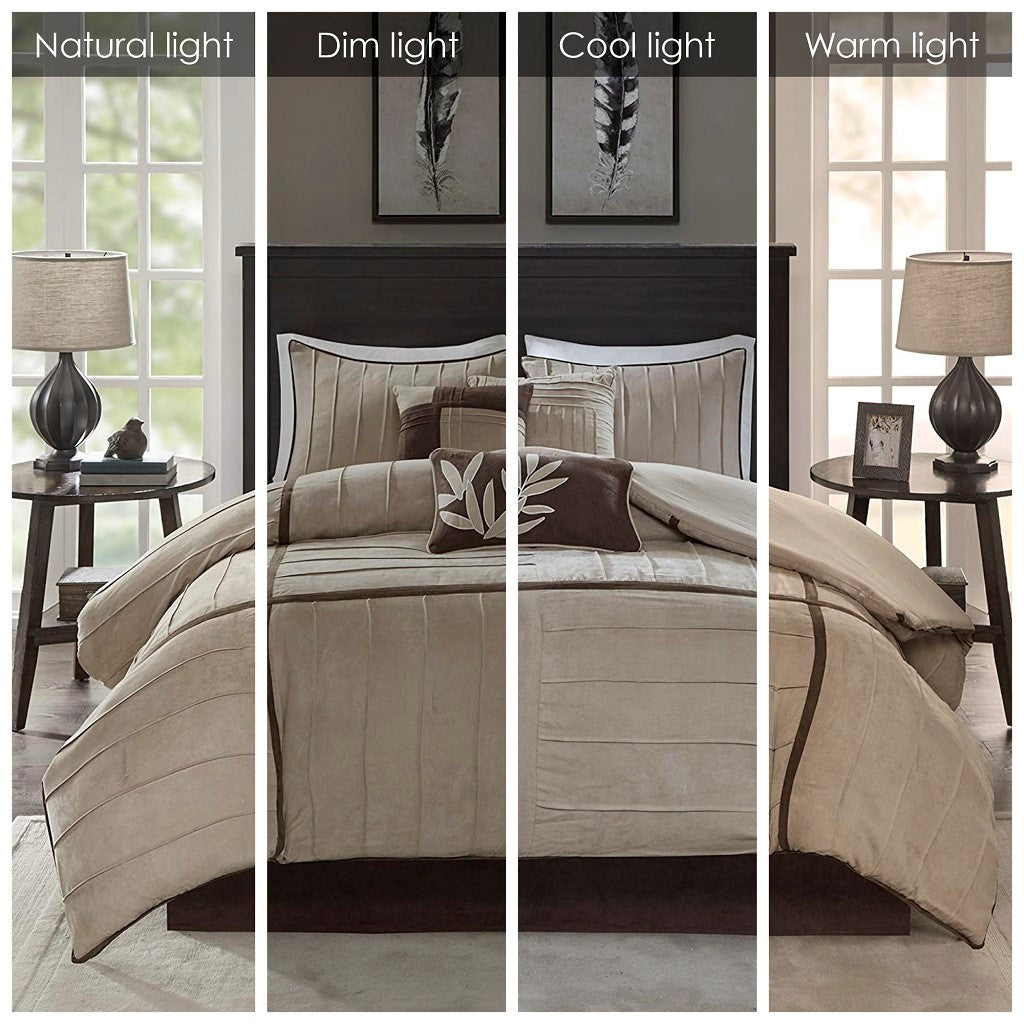 7 Piece Faux Suede Comforter Set Beige Cal King California King Beige Polyester