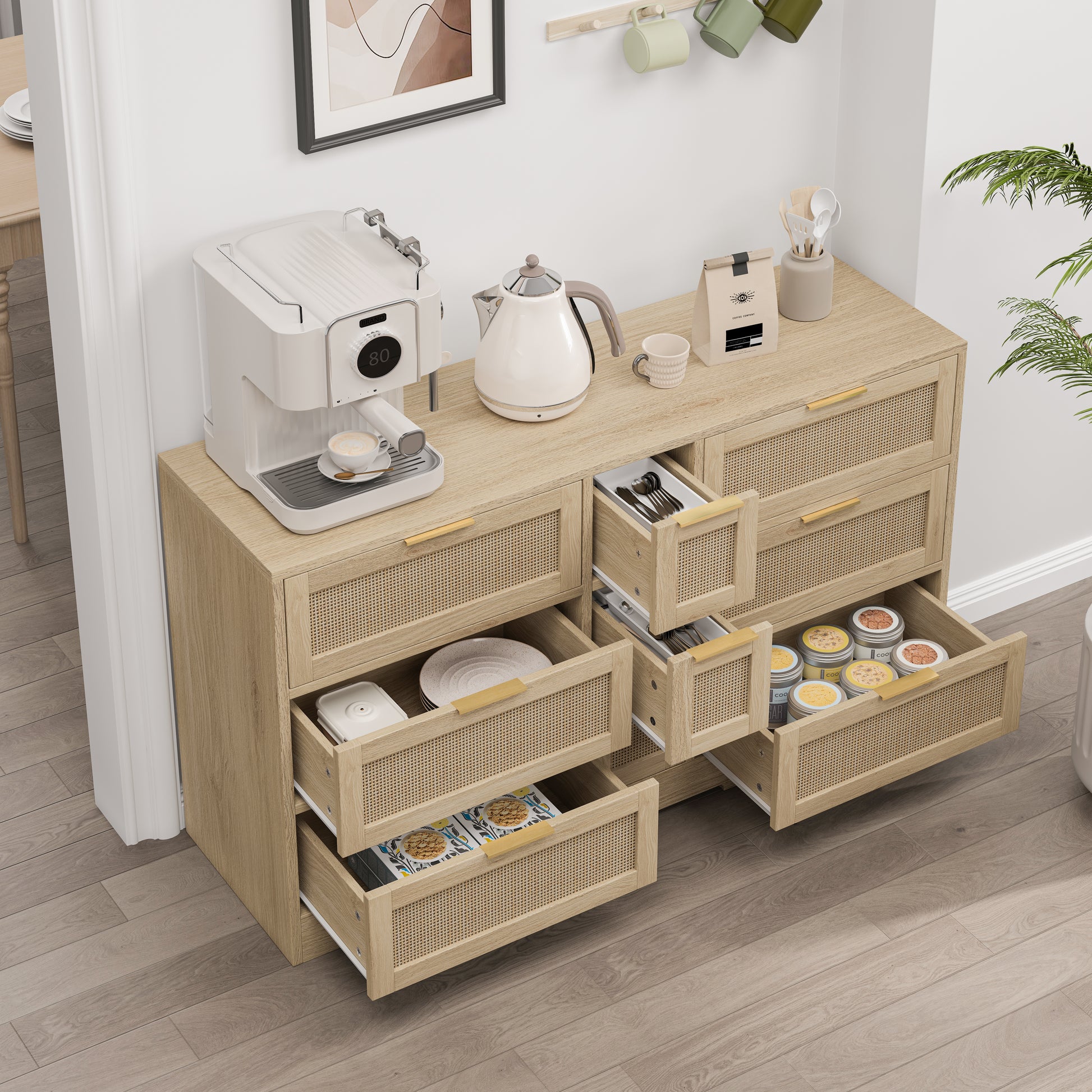 51.2 "Rattan Locker With Drawers, 9 Drawers, Metal Handles For Kitchen, Living Room, Bedroom Natural Natural Mdf
