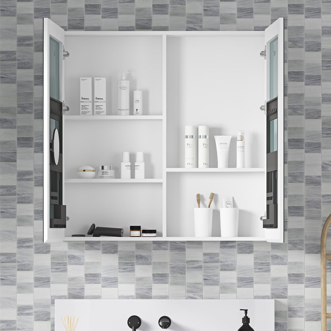 36'' W X 36'' H Bathroom Mirror Medicine Cabinet Wooden Door Medicine Cabinets For Bathroom, Wall Mounted Recessed Or Surface, Bathroom Mirror With Storage White Engineered Wood