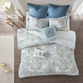 8 Piece Cotton Floral Printed Reversible Comforter Set Blue Queen Queen Blue Cotton