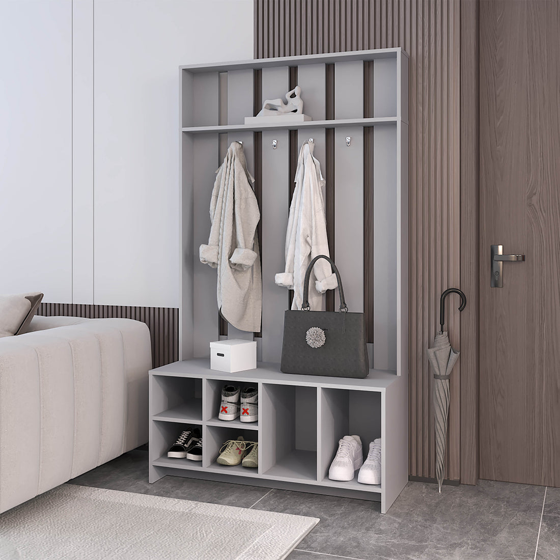 Van Hall Tree In Melamine, Open Storage Y Coat Space, Smoke Smoke Primary Living Space Minimalist,Modern Particle Board Melamine