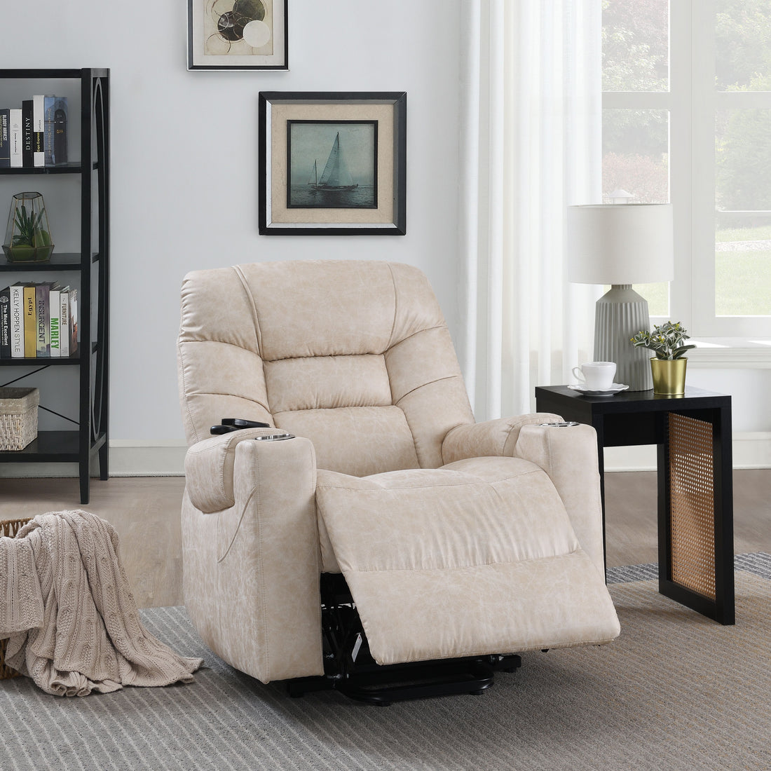 Nairi Ivory Leather Aire Power Motion Recliner With Lift, Heating & Massage Function Ivory Faux Leather