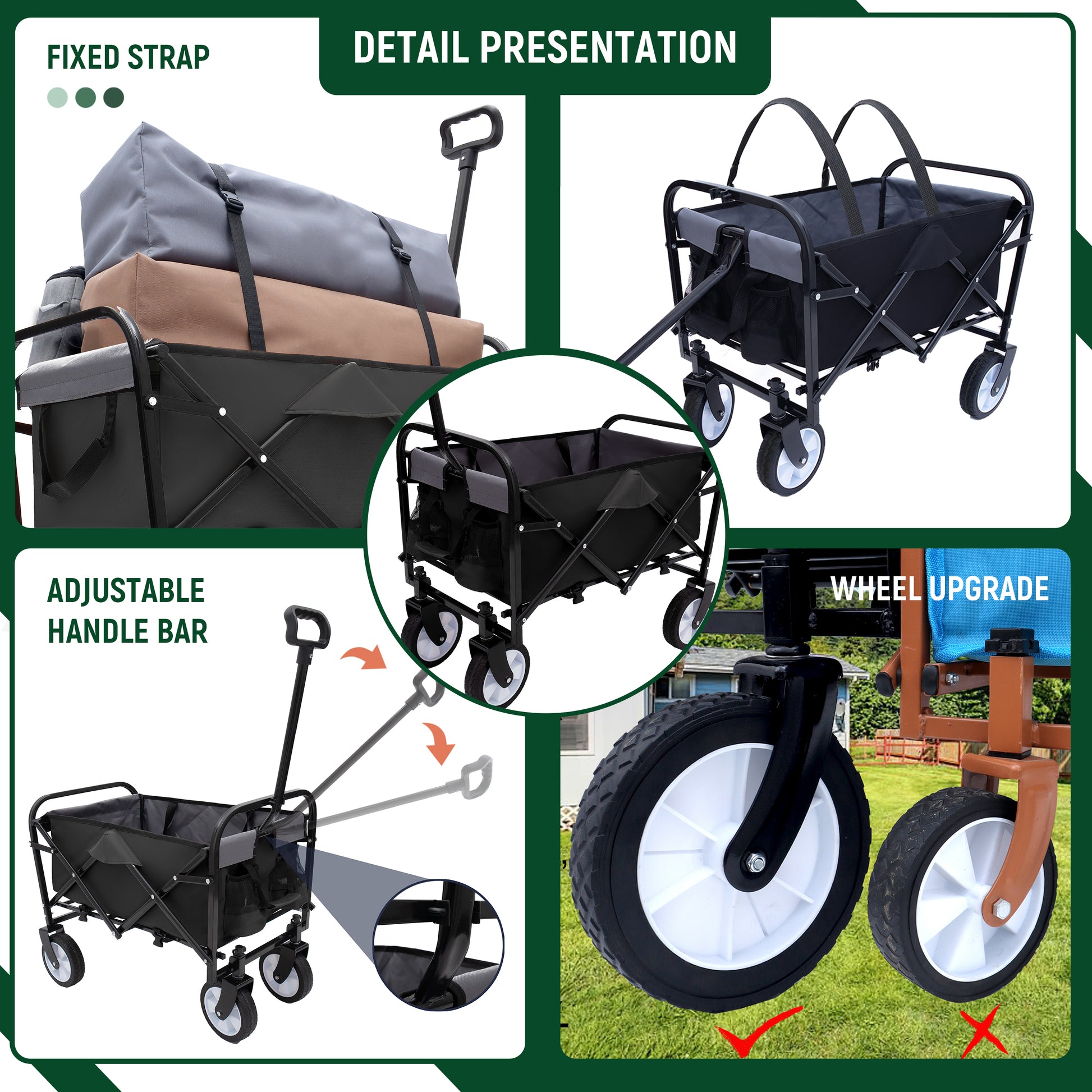 Minimeetall Strap Collapsible Foldable Wagon Cart With Strapping System, Beach Wagonutility Cartutility Wagon Grocery Cart For Camping Shopping Sports Gardeing Fishing Supports 225Lbs Black Black