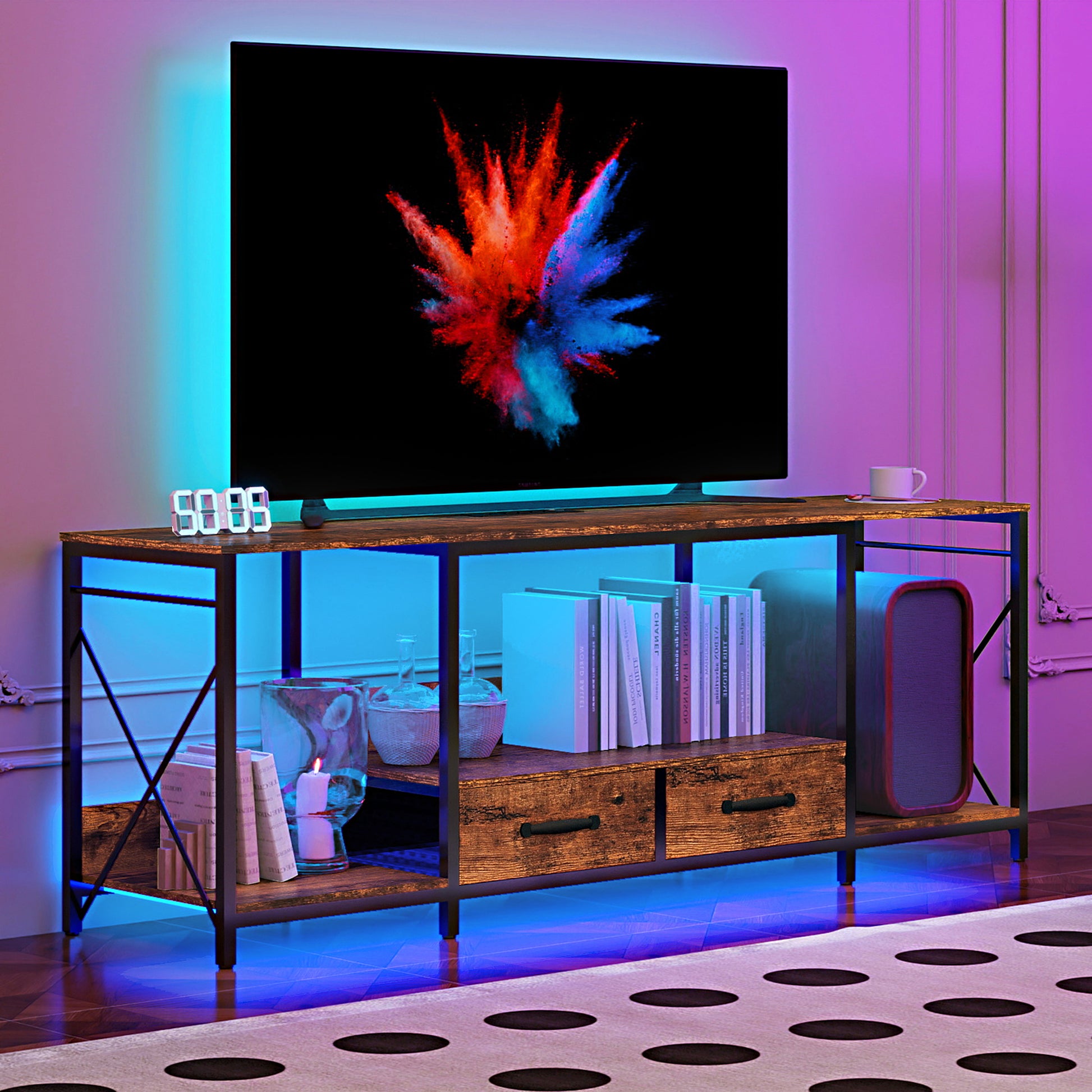 Tv Stand With Led Lights Power Outlets Tv Stand With Fabric Drawers For 65 70 75 Inches Tv Entertainment Center And Industrial Tv Console Table With Open Storage Shelves For Living Room, Bedroom
