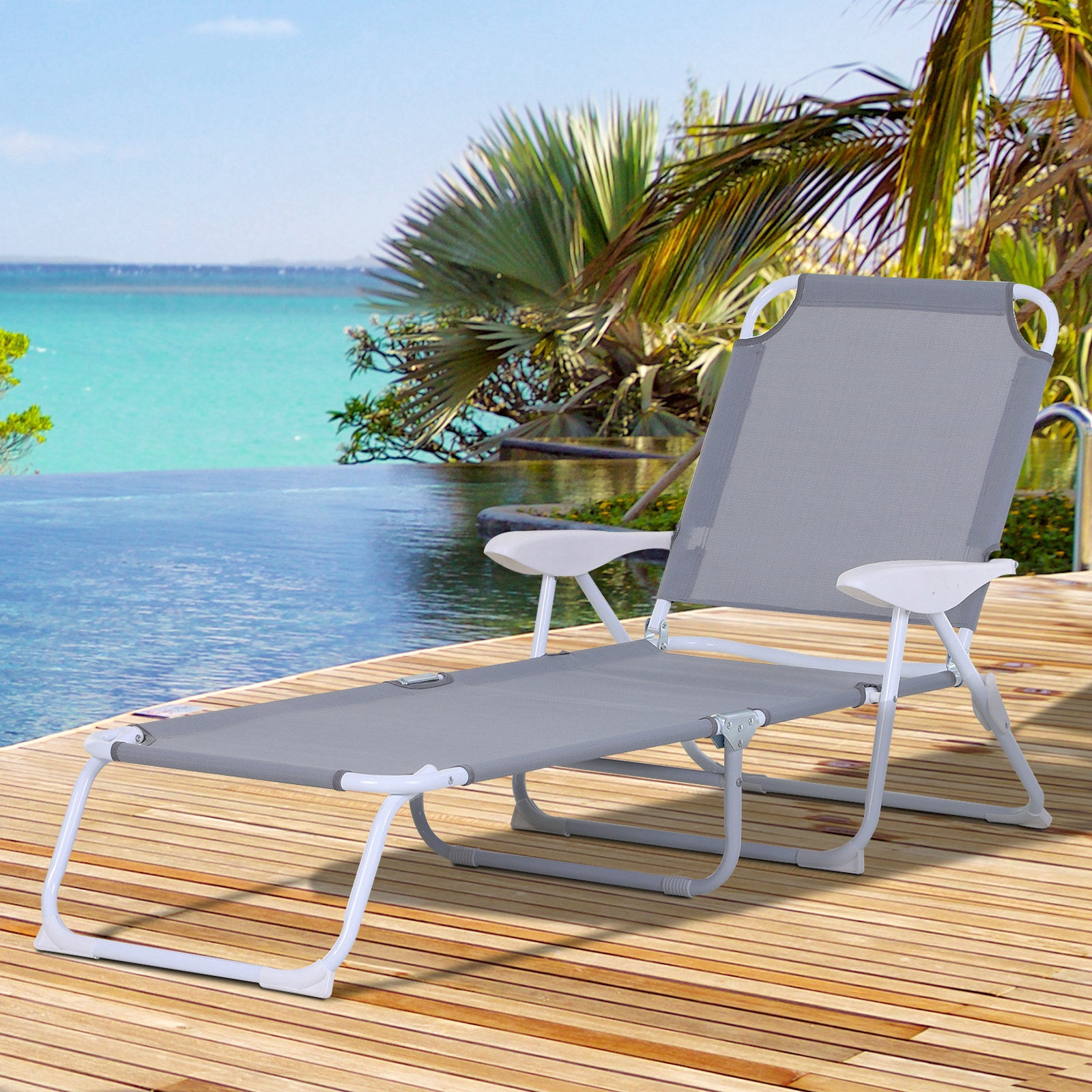 Outsunny Folding Chaise Lounge, Outdoor Sun Tanning Chair, 4 Position Reclining Back, Armrests, Metal Frame And Mesh Fabric For Beach, Yard, Patio, Gray Grey Metal