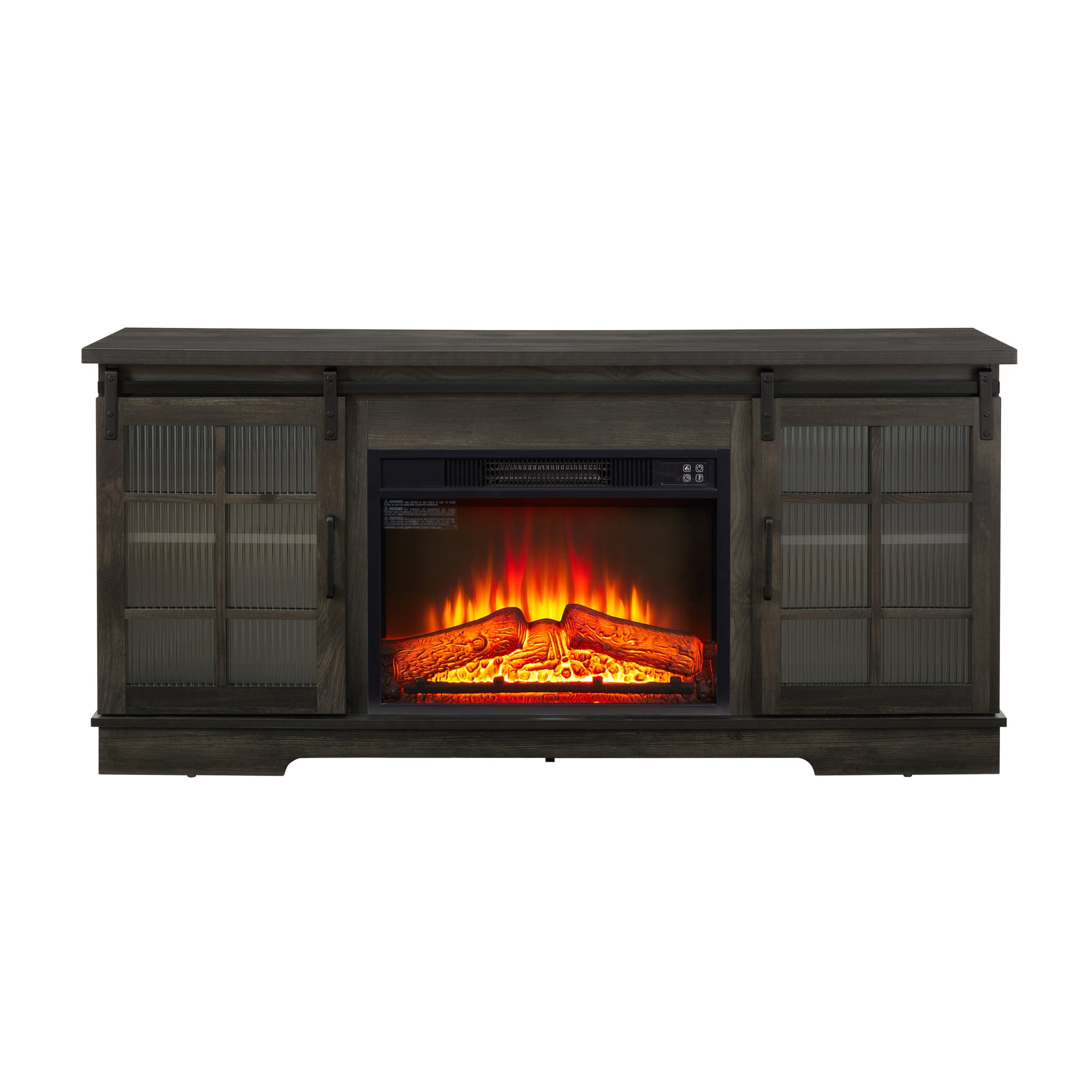 Multipurpose Sliding Door Tv Stand Large Storage Cabinet With 2 Sliding Fluted Glass Doors, Tv Up To 65'', Tv Desk Storage Rack With 23" Fireplace Tv Stand, Charcoal Grey, 59.13"W*15.94"D*27.8"H Charcoal Grey 60 69 Inches Mdf
