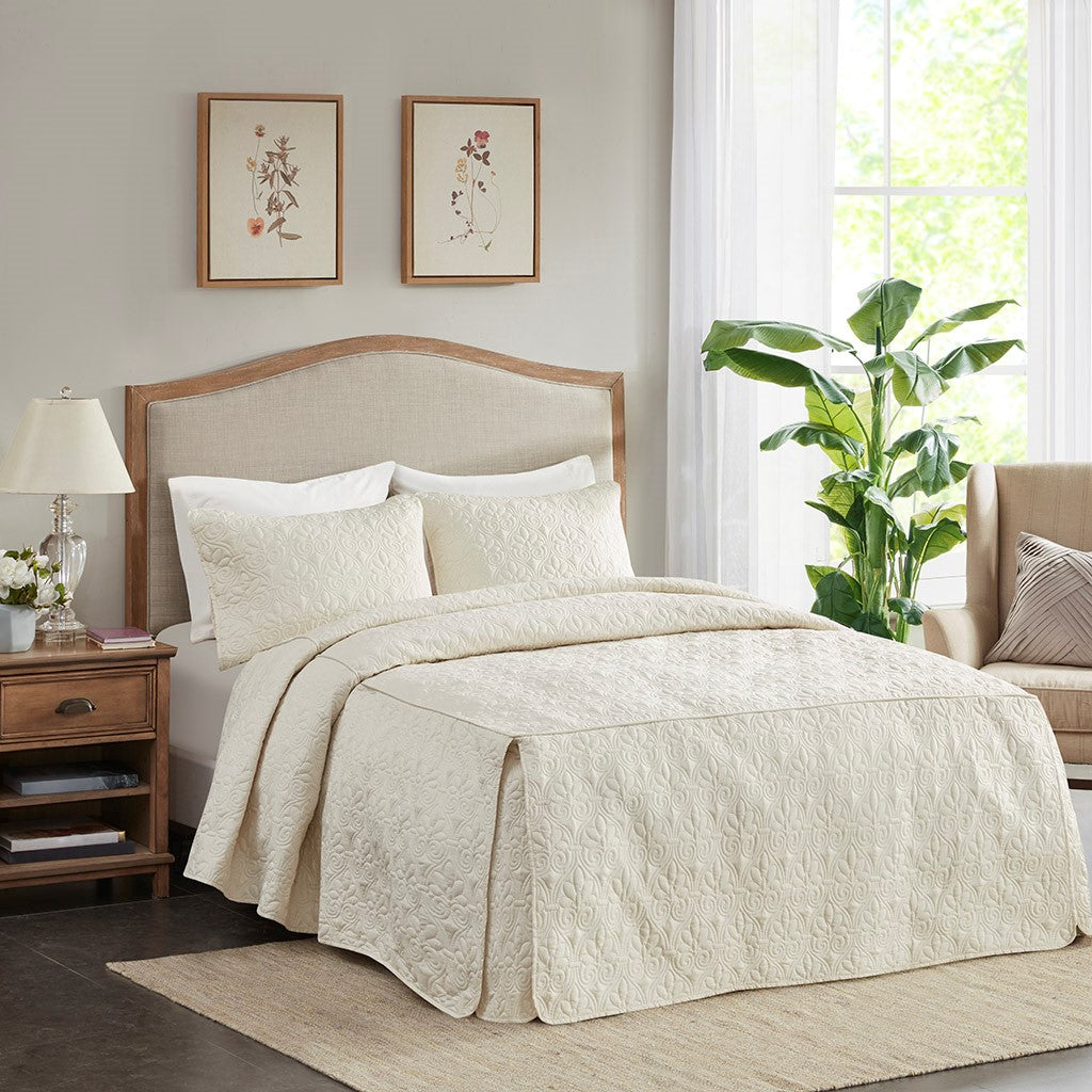 3 Piece Split Corner Pleated Quilted Bedspread Cream King Cream Polyester