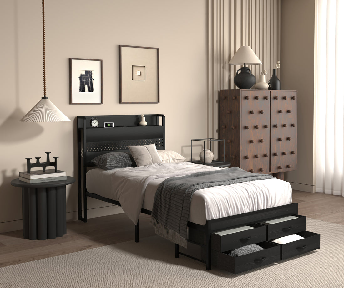 Twin Bed Frames With Headboard, Twin Size Bed Frames With Storage Drawers, Twin Bed, Black Metal Platform Bed Frame, Single Bed Frame, No Box Spring Needed Black Mdf Metal