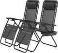 2 Set Zero Gravity Chairs Patio Portable Reclining Folding Lounge Chair Beach Camping Chairs With Pillow And Cup Holder Trays For Garden, Poolside, Black Black Steel