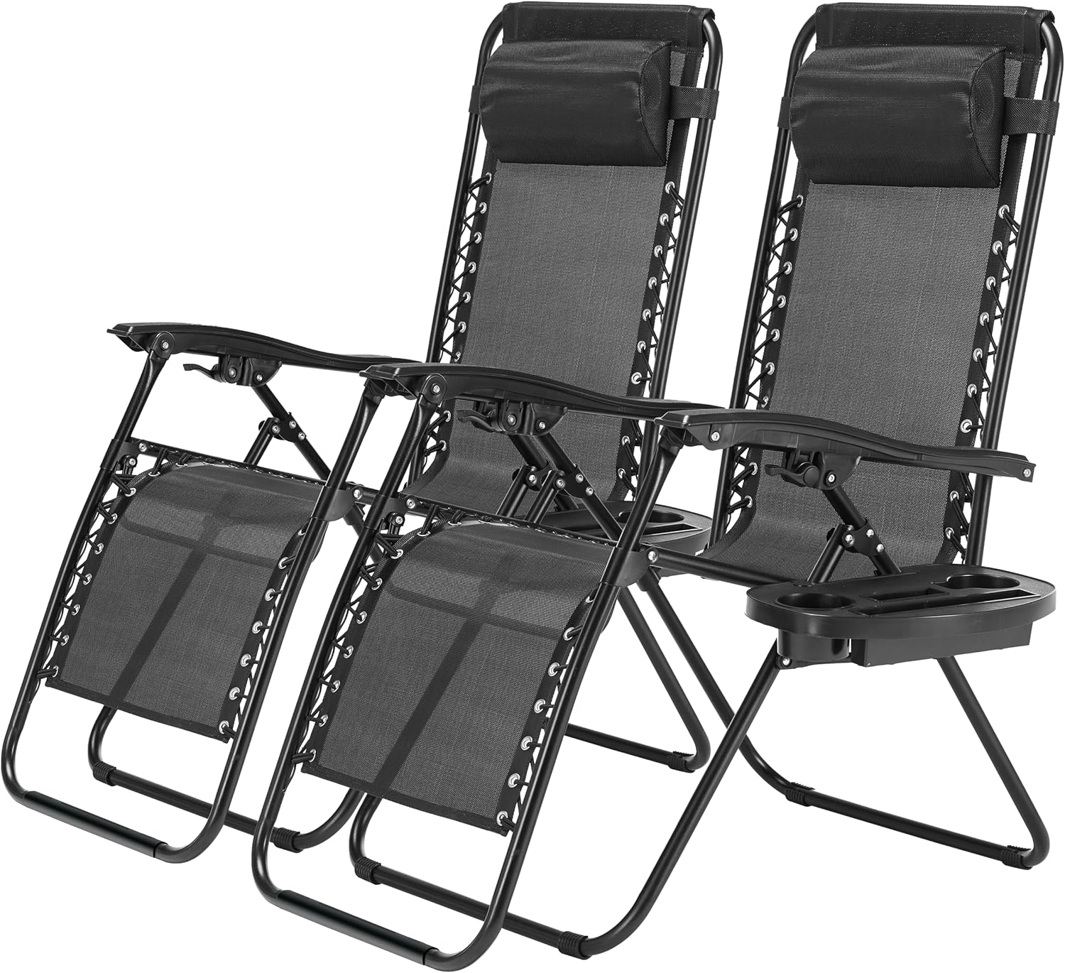 2 Set Zero Gravity Chairs Patio Portable Reclining Folding Lounge Chair Beach Camping Chairs With Pillow And Cup Holder Trays For Garden, Poolside, Black Black Steel