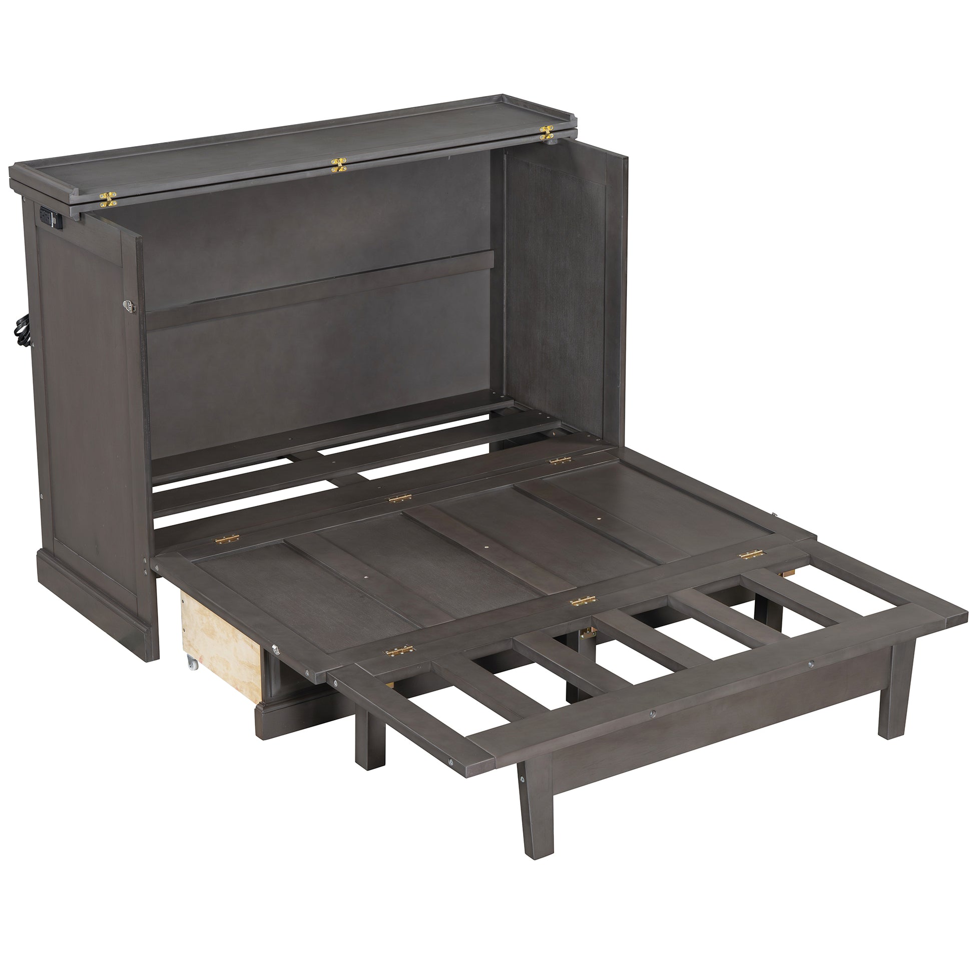 Solid Pine Murphy Bed Chest Cube Cabinet Bed With Charging Station And Large Storage Drawer For Home Office Or Small Room,Full,Gray Box Spring Not Required Full Gray Wood Gray Pine Murphy Solid Wood Mdf