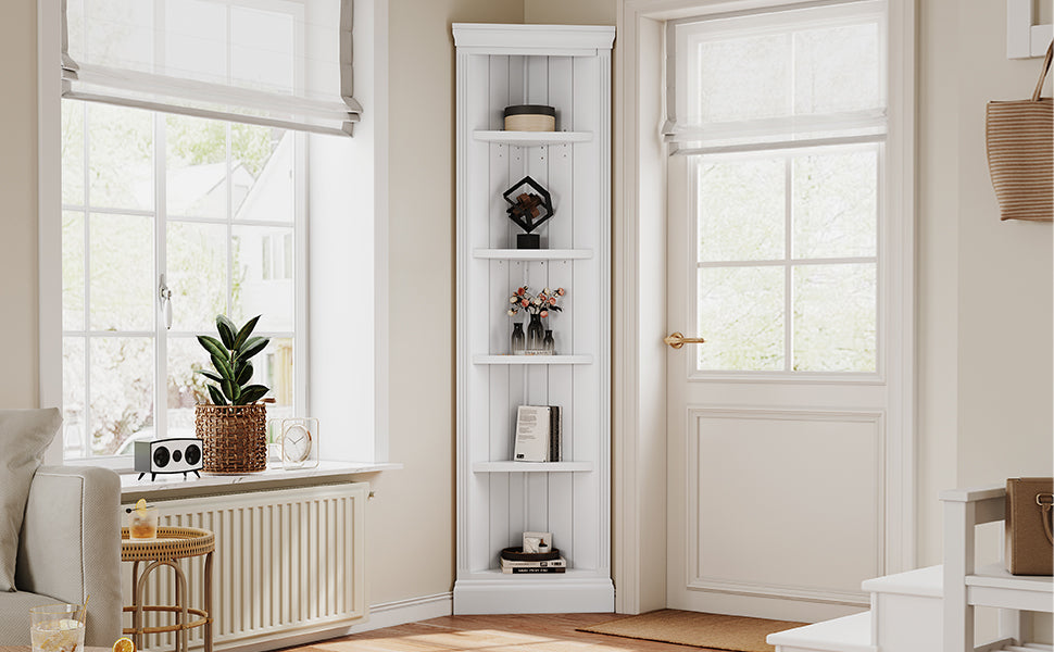 83.4"Tall Modern Corner Shelf,5 Tier Corner Bookcase, Storage Standing Shelf Unit, Open Corner Plant Display Stand For Small Space For Living Room,Wall Corner, Home Office,White White Solid Wood Mdf