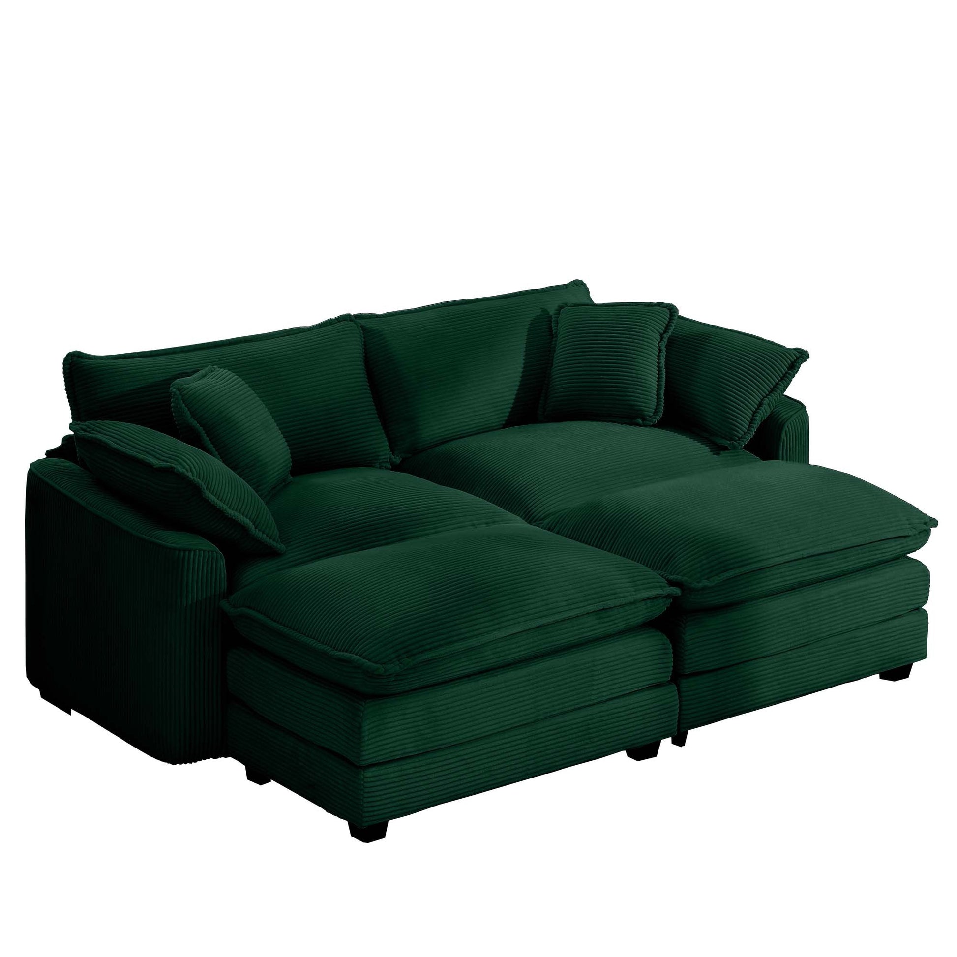 Corduroy Two Seater Sofa With 2 Footrest, 2 Seater Sofa With Ottoman For Small Living Spaces, Green Corduroy Sofa Green Corduroy 2 Seat