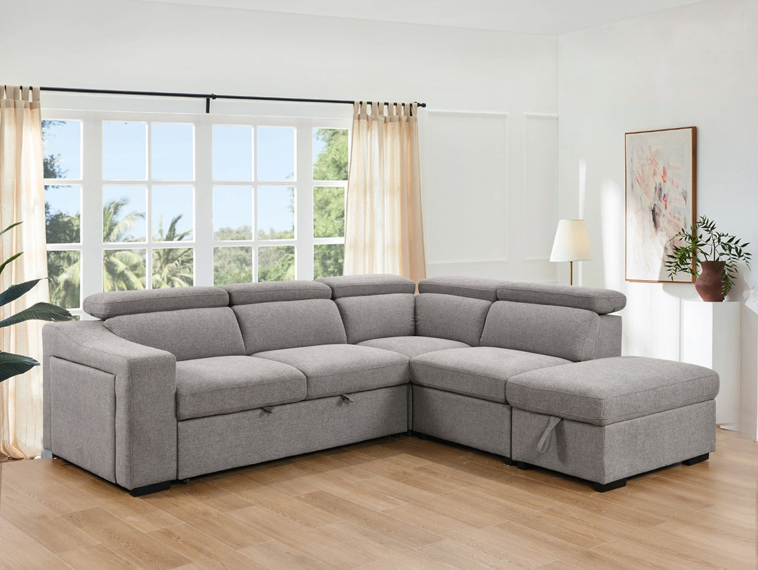 105"L Shape Sectional Sofa With Pull Out Bed And Ottoman Storage Space, Convertible Sleeper Couch, Arm With 1 Cup Holders And Wirelessly Charged, For Living Room, Apartment, Light Gray Light Brown