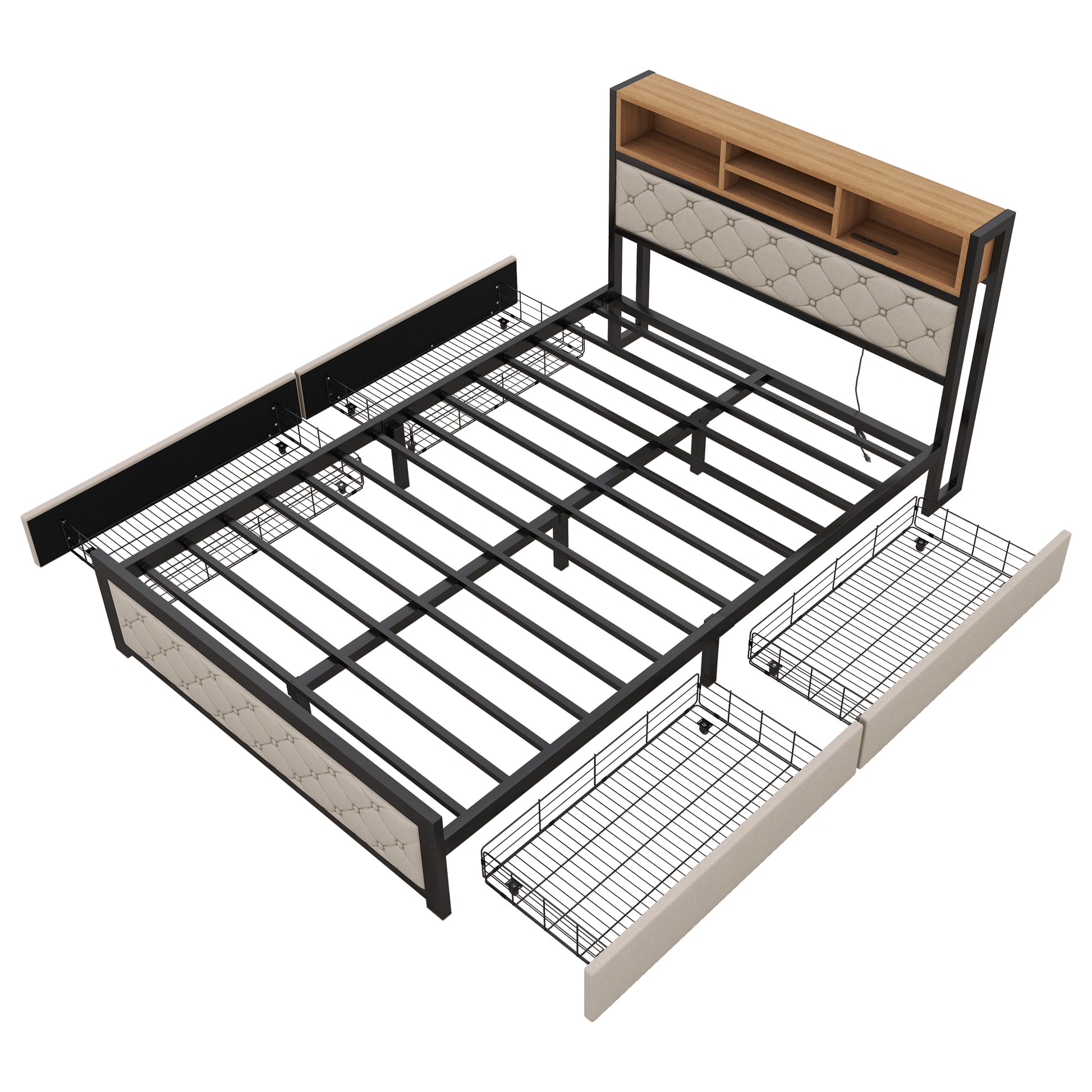 Metal Full Size Platform Bed With 4 Drawers, Upholstered Headboard And Footboard, Sockets And Usb Ports, Beige Full Beige Black Fabric Metal