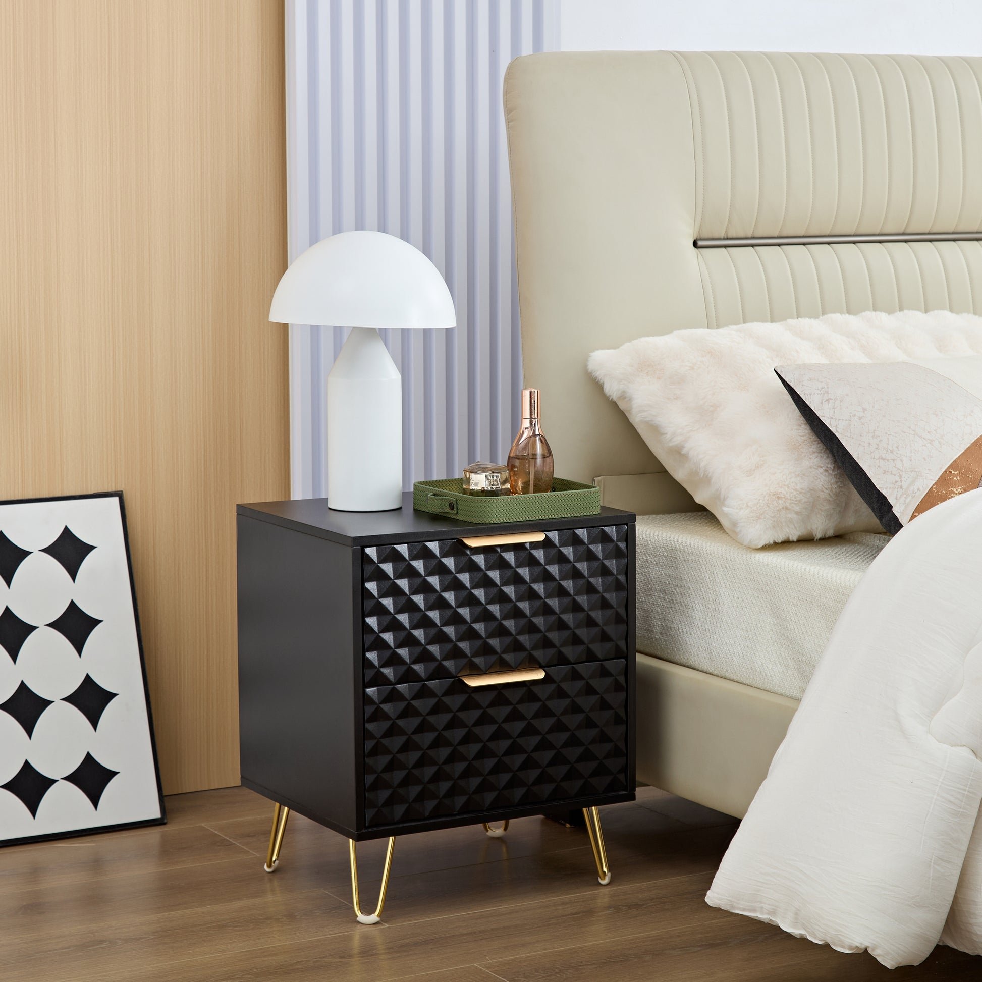 Black Nightstand Set Of 2, End Side Table Double, Bedside Table With 2 Drawers, Dual Night Stand Metal Legs For Bedroom Living Room Black 2 Drawers Bedroom American Design,American Traditional Particle Board Particle Board