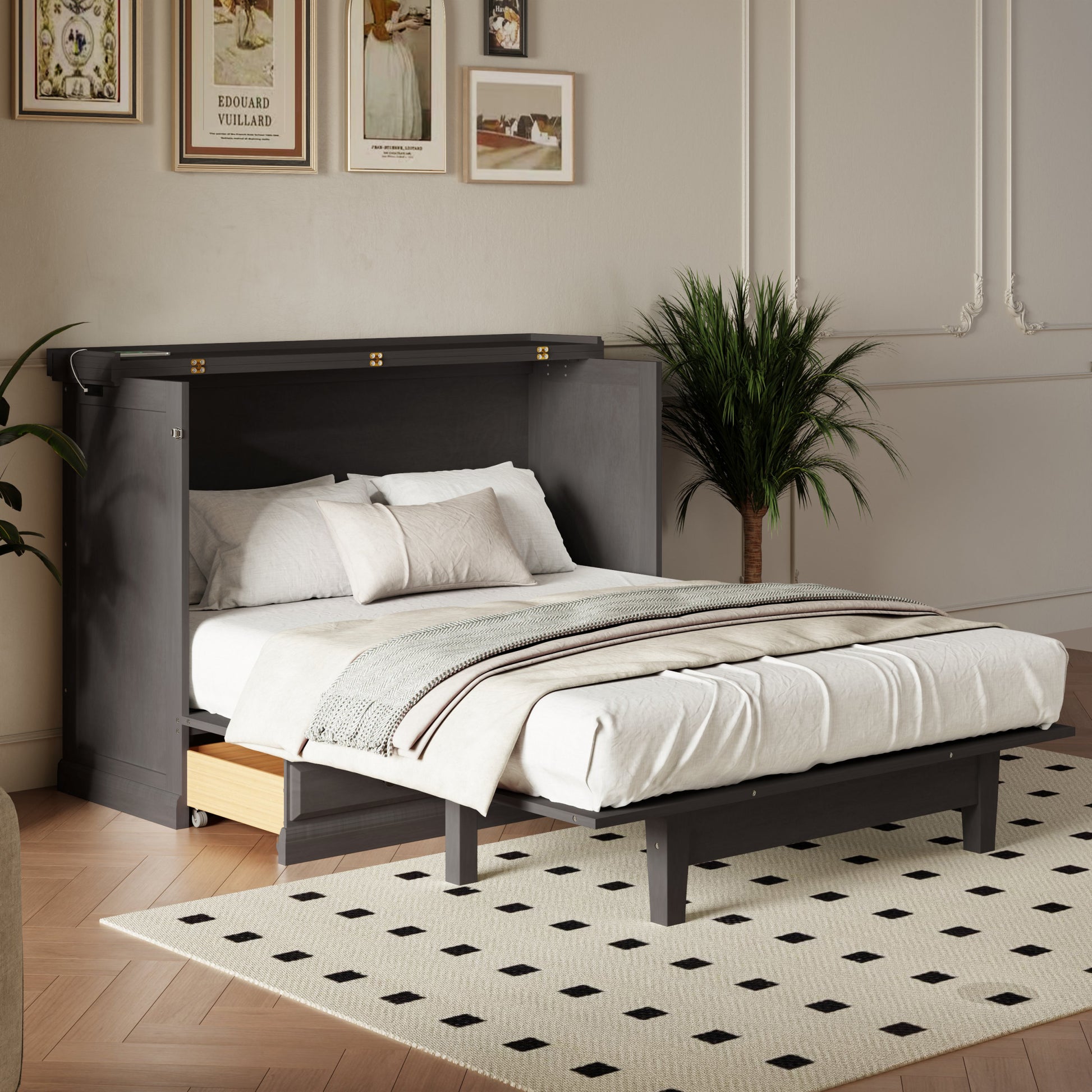 Solid Pine Murphy Bed Chest Cube Cabinet Bed With Charging Station And Large Storage Drawer For Home Office Or Small Room,Full,Gray Box Spring Not Required Full Gray Wood Gray Pine Murphy Solid Wood Mdf