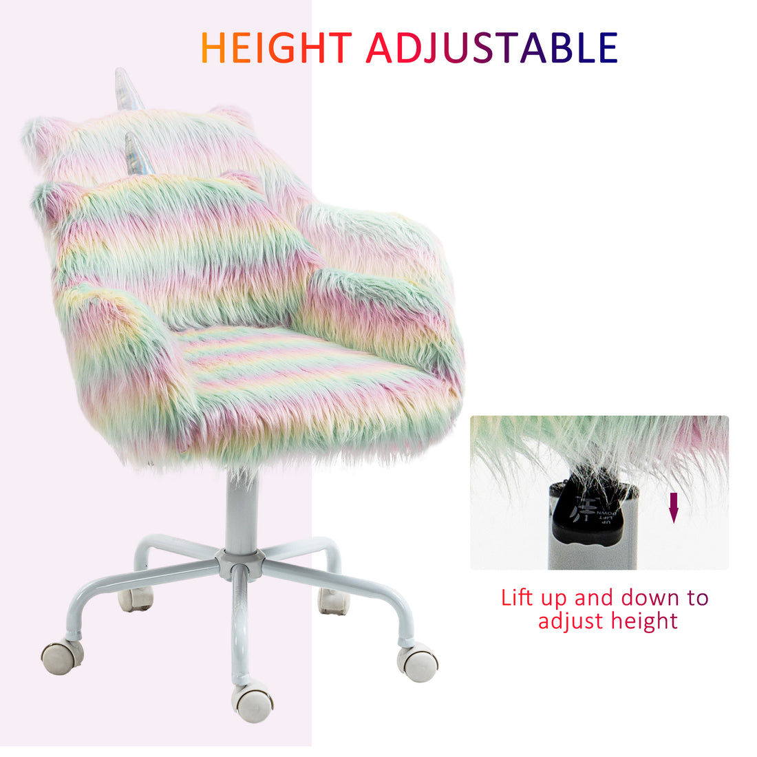 Homcom Fluffy Unicorn Office Chair With Mid Back And Armrest Support, 5 Star Swivel Wheel White Base, Rainbow Multicolor Faux Fur