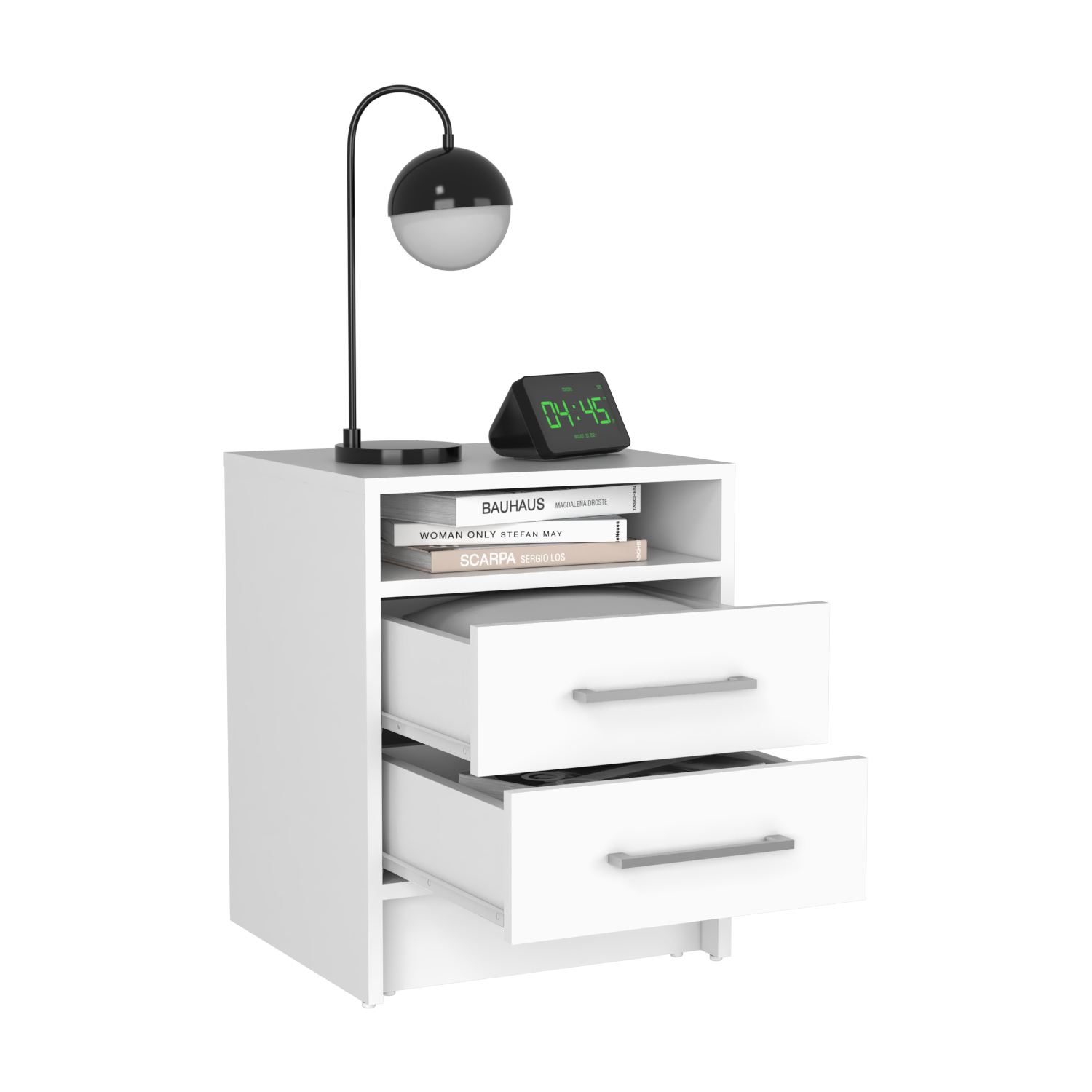 Greter 24" Two Drawer Night Stand With Open Shelf White 2 Drawers Bedroom Rectangle Modern Particle Board