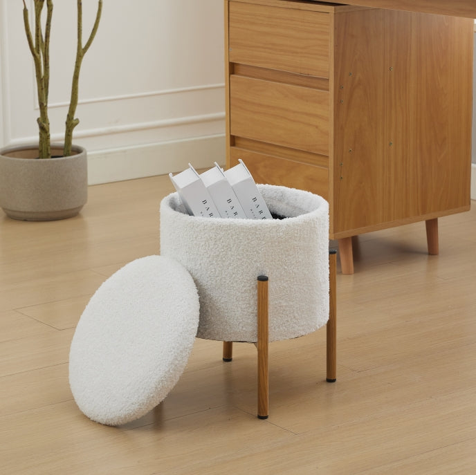Modern Round Storage Ottoman, Ottoman Foot Stools With Metal Base, Ottoman Footstool With Removable Lid Storage Ottoman For Living Room, Bedroom, Makeup Room White White Upholstered