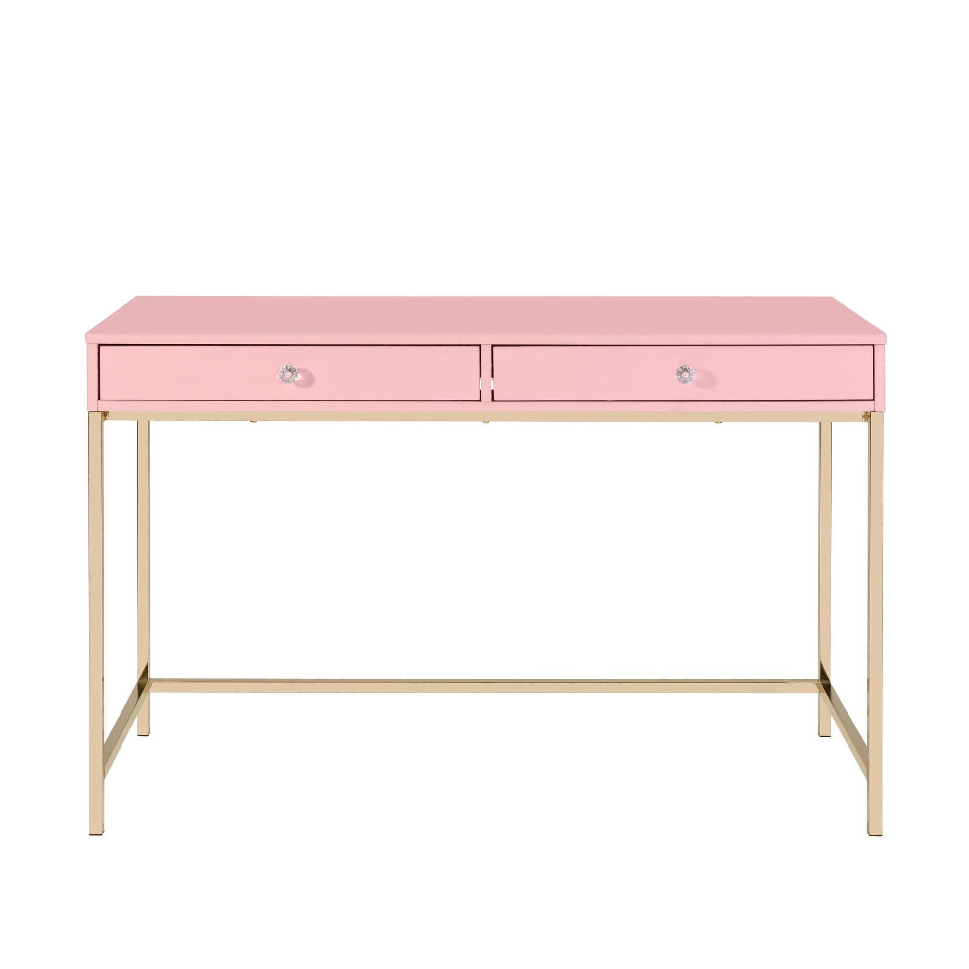 Pink High Gloss And Gold 2 Drawer Writing Desk Pink Writting Desk Office Rectangular Drawers Wood Metal