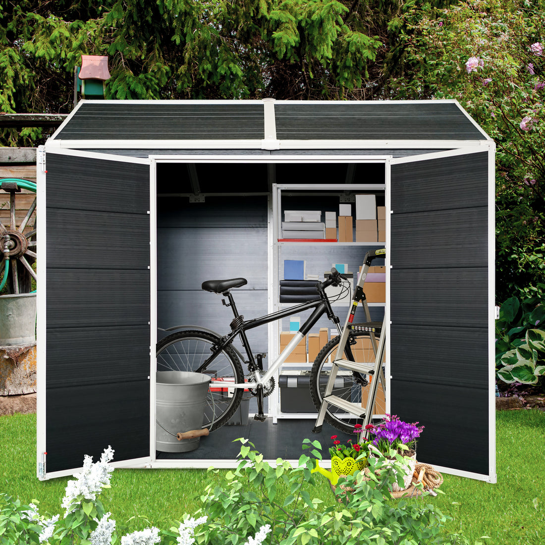 4X8Ft Resin Outdoor Storage Shed With Two Window And Double Door,Plastic Shed With Floor For Gargen,Patio,Yard,Lawn,Black Black Polypropylene