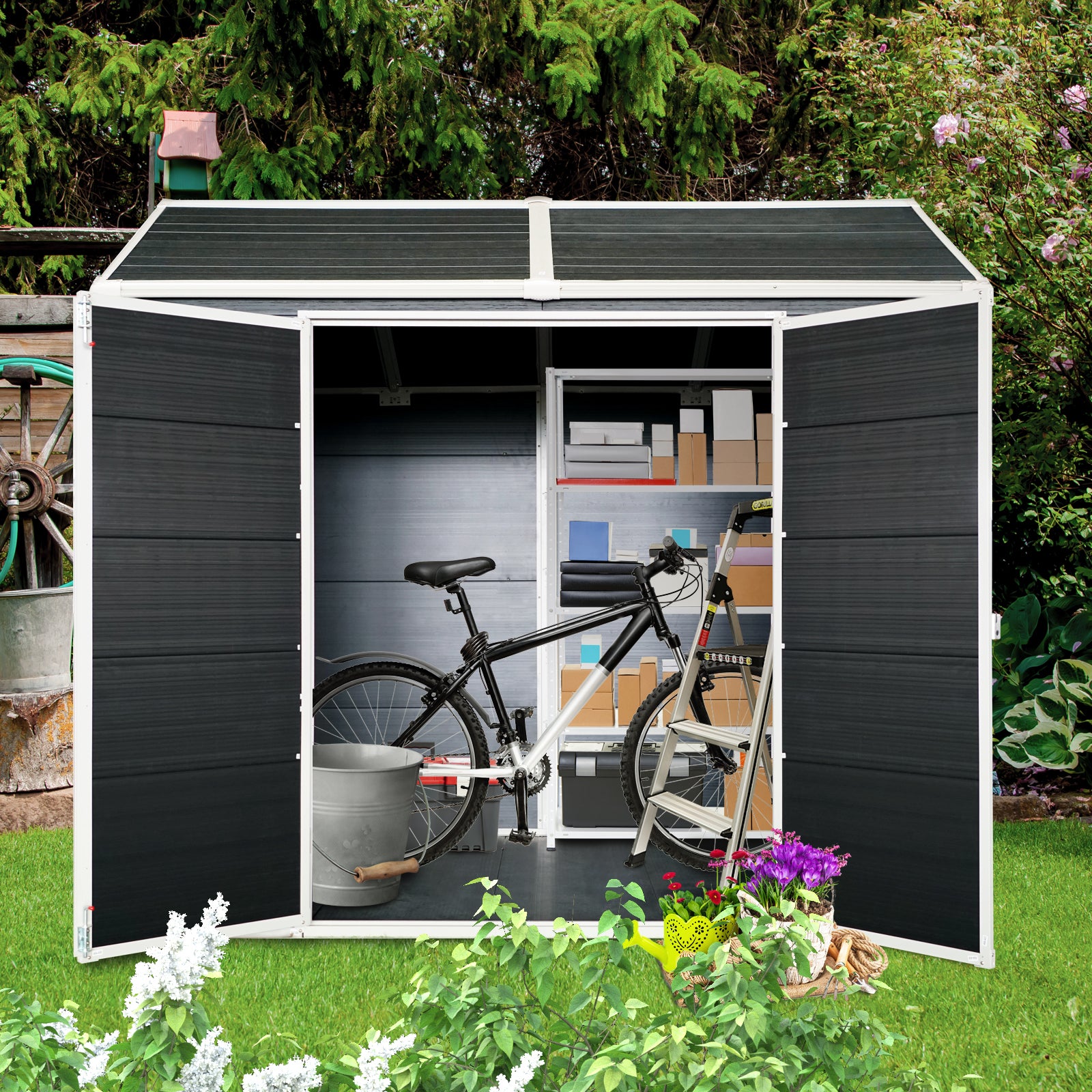4X8Ft Resin Outdoor Storage Shed With Two Window And Double Door,Plastic Shed With Floor For Gargen,Patio,Yard,Lawn,Black Black Polypropylene