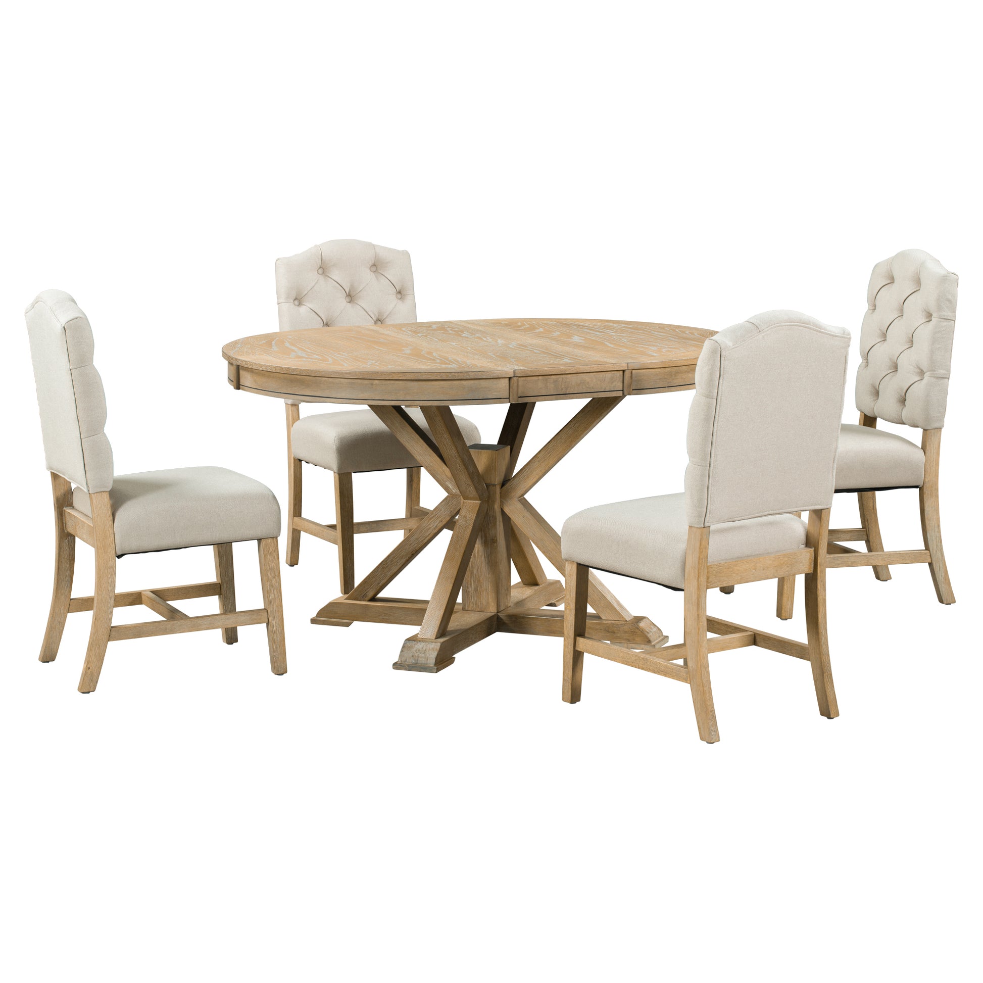Functional Furniture Retro Style Dining Table Set With Extendable Table And 4 Upholstered Chairs For Dining Room And Living Room Natural Wood Wash Natural Wood Wash Solid Wood