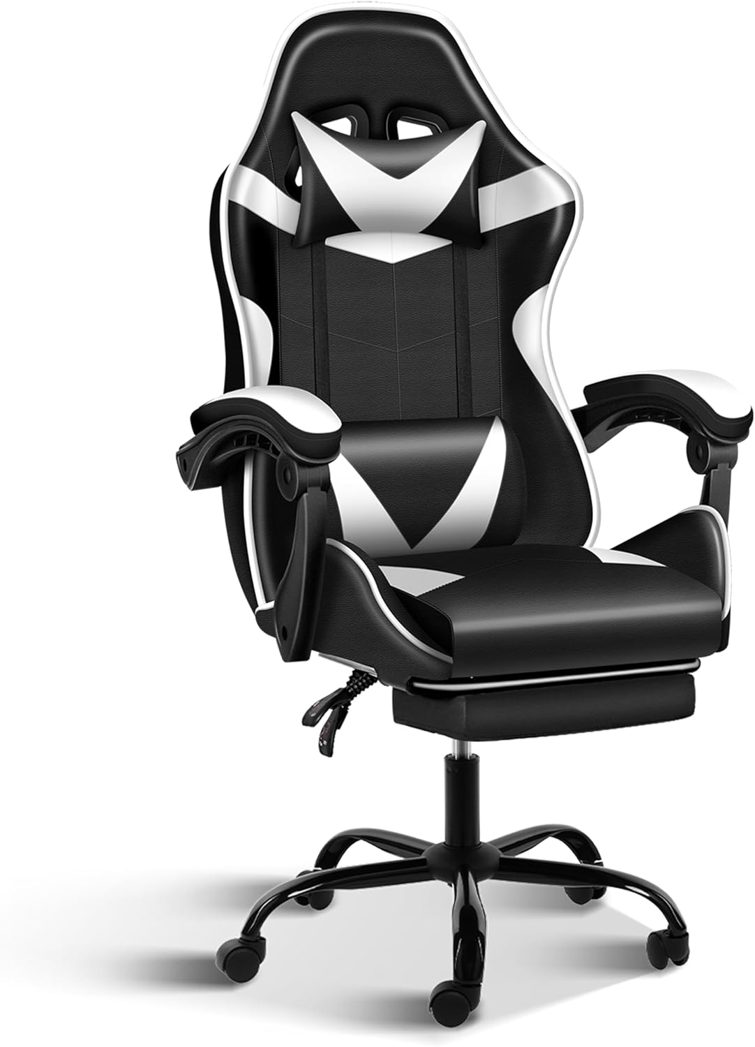 Gaming Chair With Footrest, Big And Tall Gamer Chair, Racing Style Adjustable Swivel Office Chair, Ergonomic Video Game Chairs With Headrest And Lumbar Support White Black Faux Leather