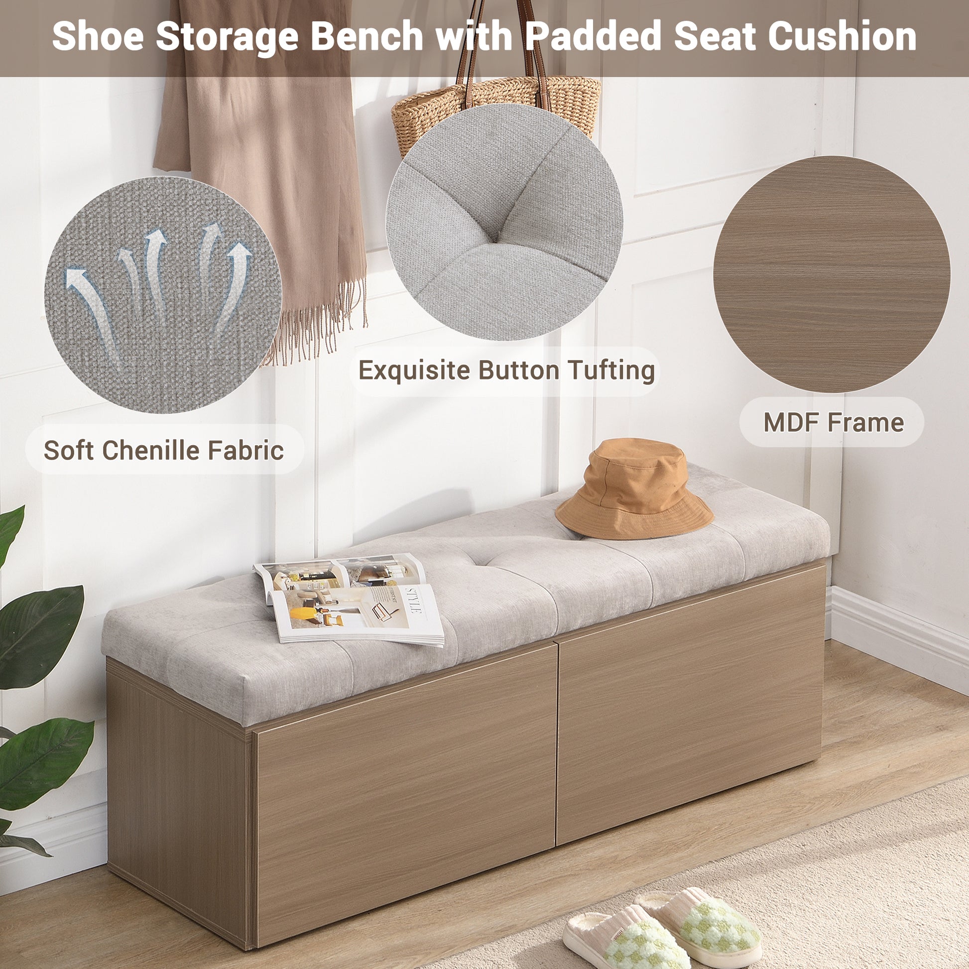 49" Shoe Storage Bench Entryway Shoe Cabinet Storage Ottoman With Padded Seat Cushion And Double Doors For Entryway, Hallway And Bedroom, Light Grey Cushioned Light Grey Chenille Solid Shoe Storage