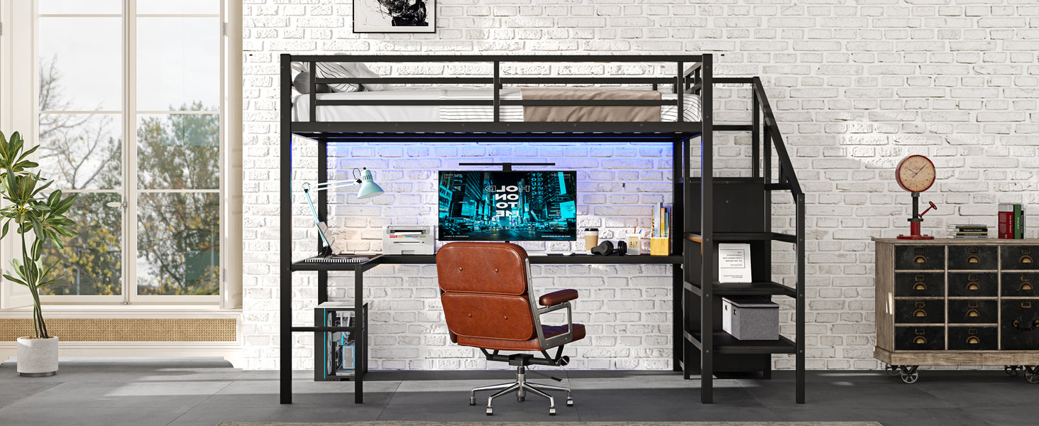 Full Size Loft Bed With L Shaped Desk And Usb, Metal Loft Bed With Wardrobe And Adjustable Shelf, High Loft Bed With Led For Kids Teens Adults, Black Full Black Metal