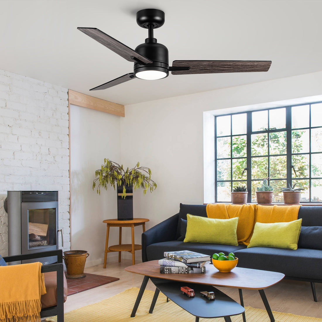 48" Black Lowe Profile Ceiling Fan With Light Black Plywood