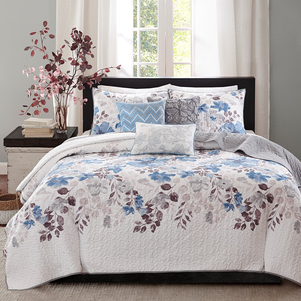 6 Piece Printed Quilt Set With Throw Pillows Blue King Cal King King Blue Cotton