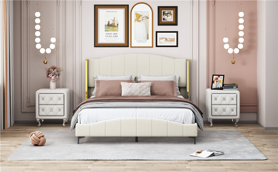 3 Pieces Bedroom Set With Queen Size Pu Leather Upholstered Platform Bed And Elegant Pu Nightstand With 2 Drawersbeige Box Spring Not Required Queen Beige 3 Piece Set Pu