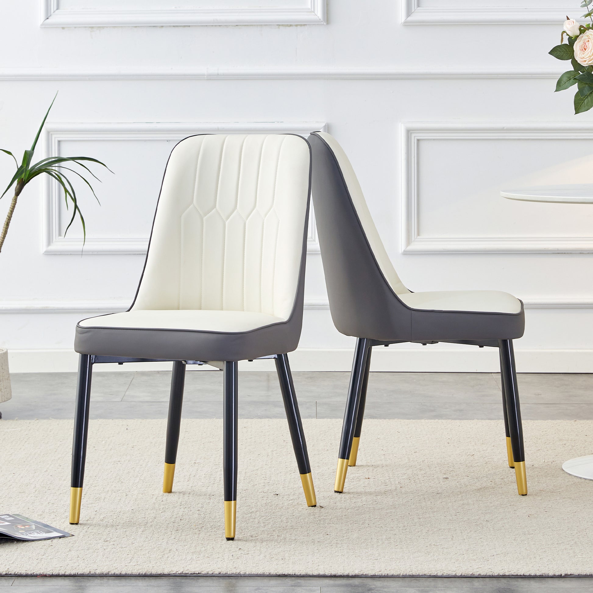 Large Modern Minimalist Rectangular Dining Table With 0.39 "Imitation Marble Black Tabletop And Golden Metal Legs, Paired With Chairs With Pu Cushions And Black Metal Legs. F 1537 C 007 Black Gold Glass Metal