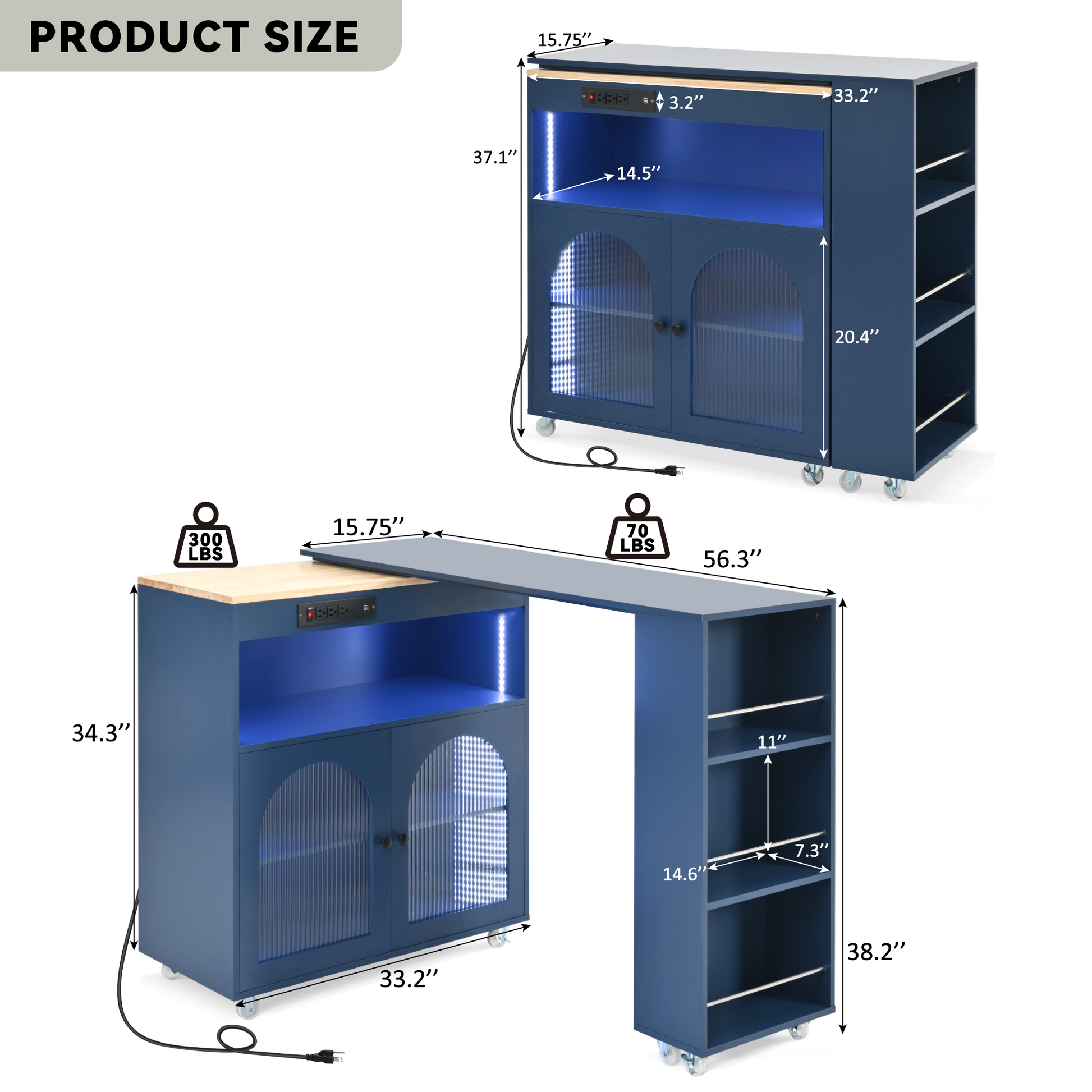 K&K Rolling Kitchen Island With Extended Table, Kitchen Island On Wheels With Led Lights,Power Outlets And 2 Fluted Glass Doors, Kitchen Island With A Storage Compartment And Side 3 Open Shelves, Navy Navy Blue Kitchen Classic,European,Modern Rectangular