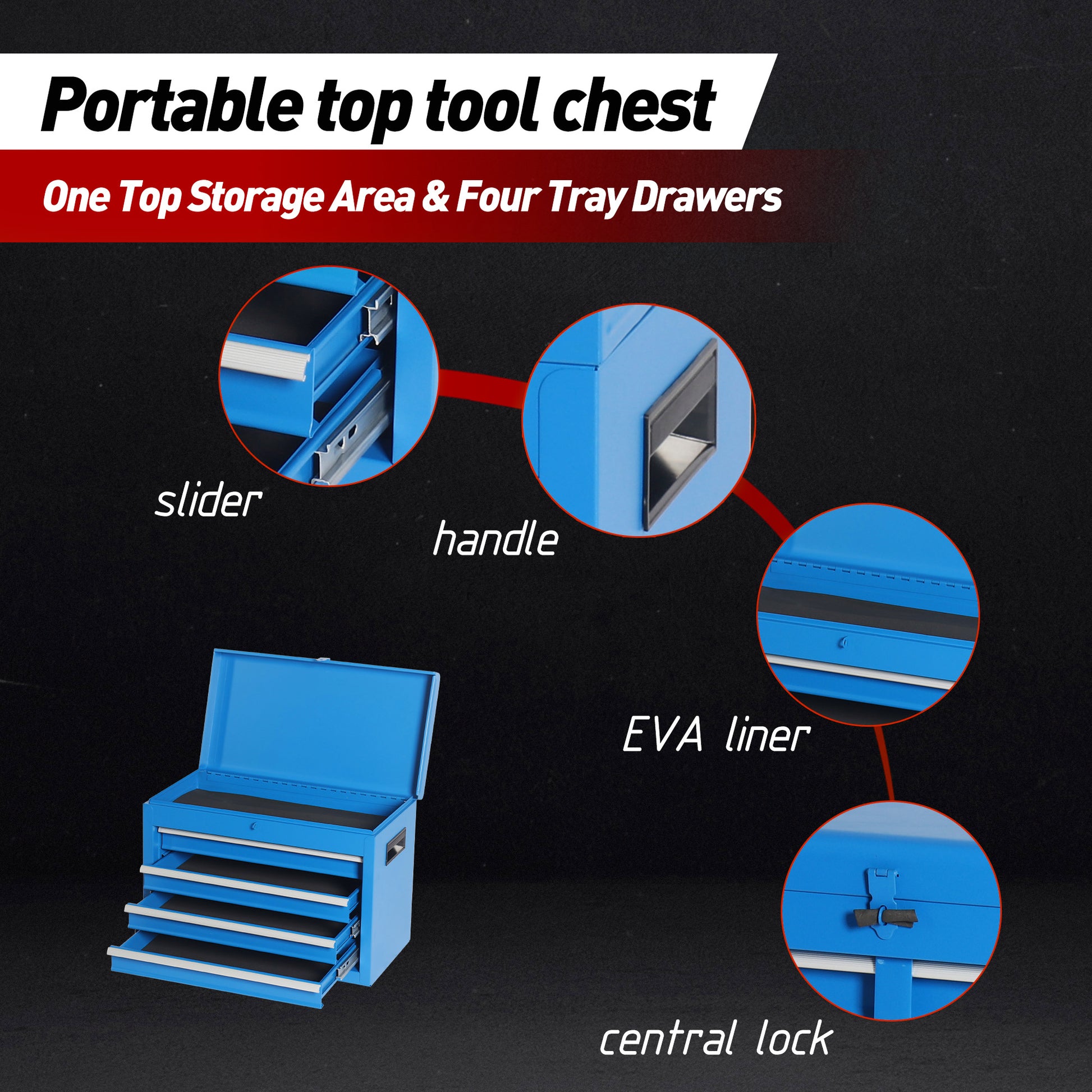 Tool Chest, 5 Drawer Rolling Tool Storage Cabinet With Detachable Top Tool Box, Liner, Universal Lockable Wheels, Adjustable Shelf, Locking Mechanism, Metal Tool Cart For Garage Workshop Blue Steel