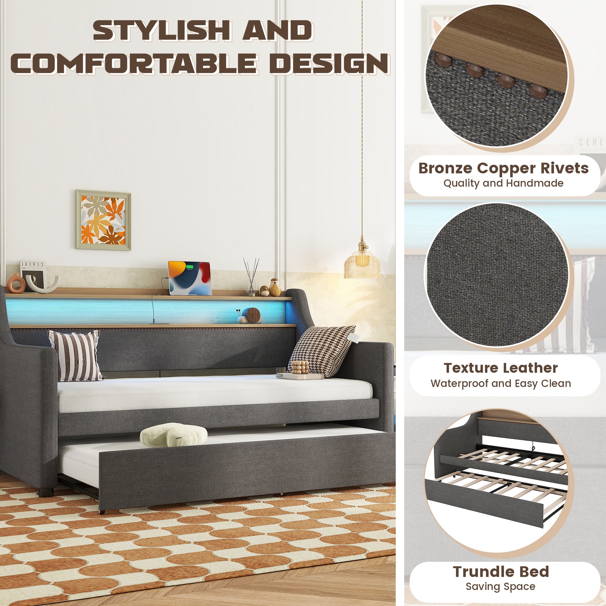 Twin Size Daybed With Trundle Bed, Upholstered Daybed With Charging Station And Led Lights, Gray Twin Gray Linen