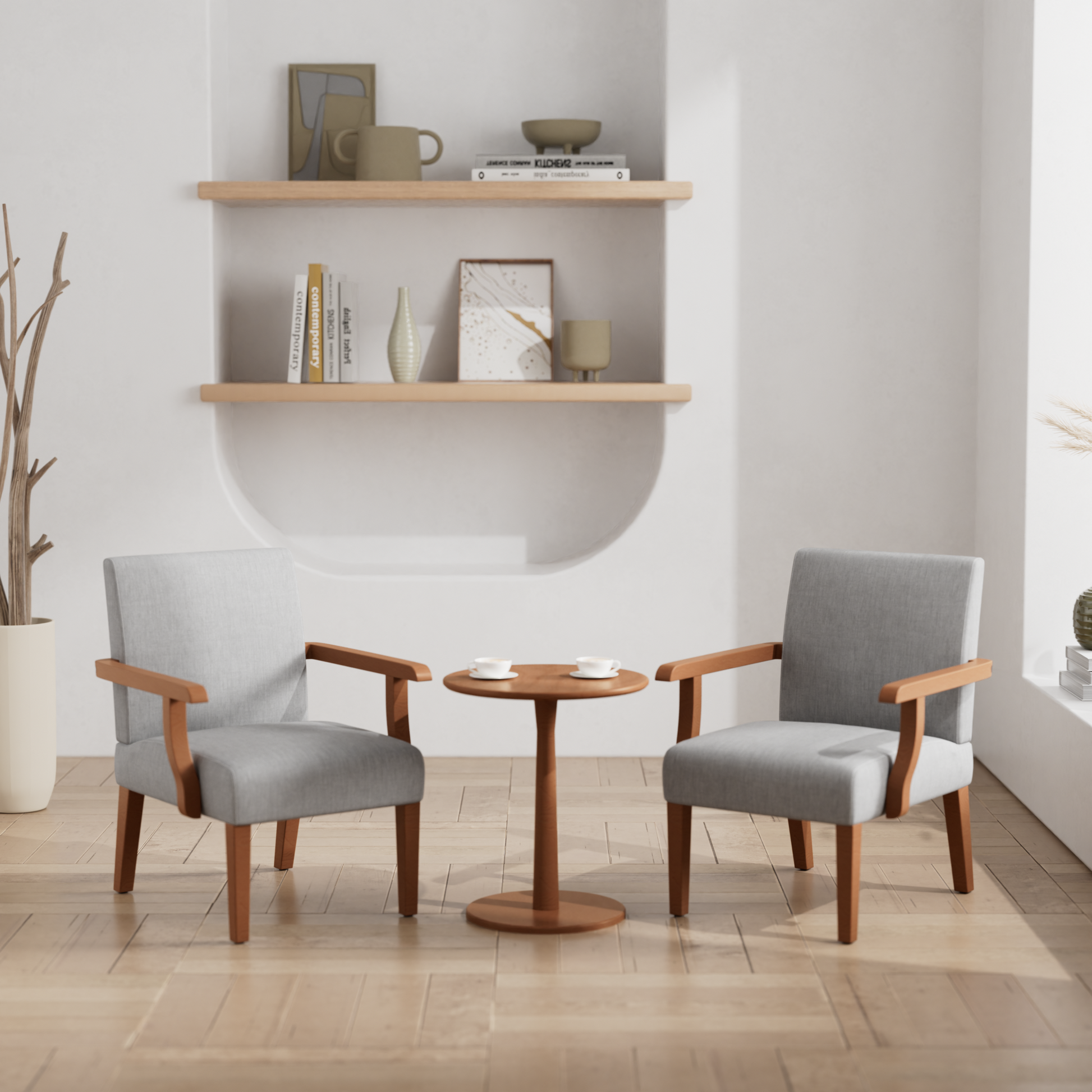 Fabric Accent Arm Chair Set Of 2 With Round Wood Table Light Gray Fabric