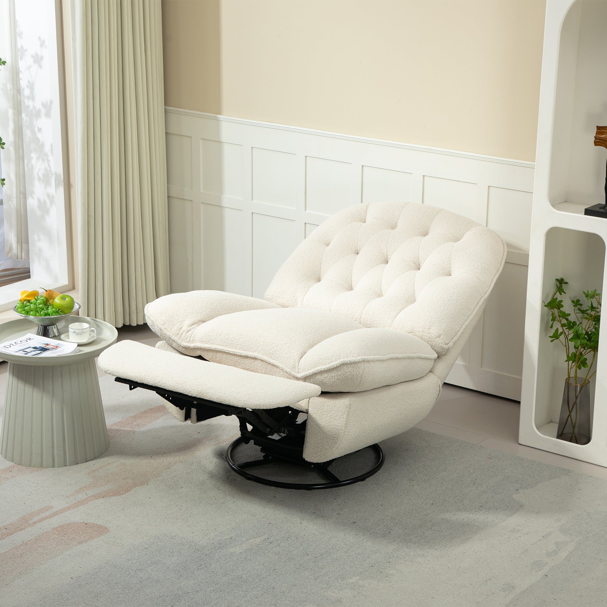 360 Swivel Recliner Adjustable Chair Chenille Glider Swivel Reclining Sofa Chair With Black Metal Round Base Beige Beige Foam Upholstered