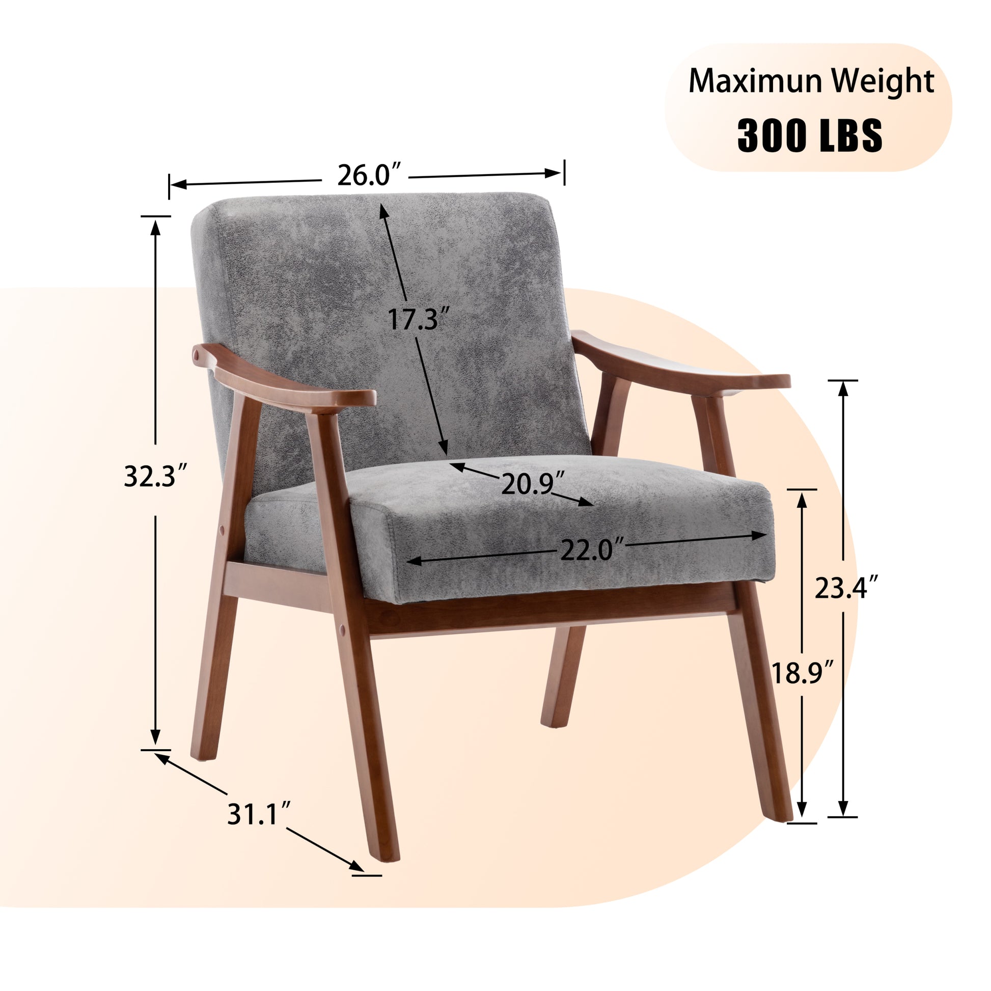Mid Century Modern Chair, Living Room Chair With Solid Wood Frame, Accent Chair Extra Thick Backrest, Wingback Chair For Bedroom, Reading Room, Living Room, Lounge Chair Indoor Grey Primary Living Space Mid Century Modern Foam Fabric