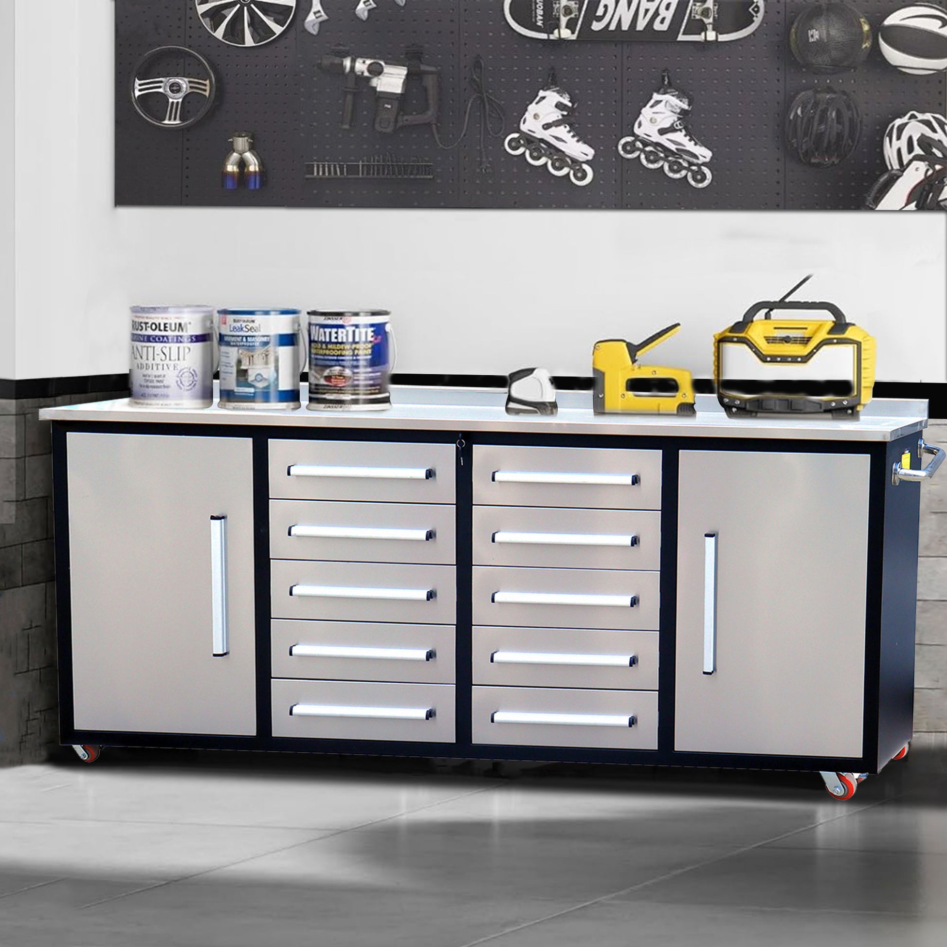 7Ft Storage Cabinets With Workbench 10 Drawers & 2 Cabinets Silver Silver Steel